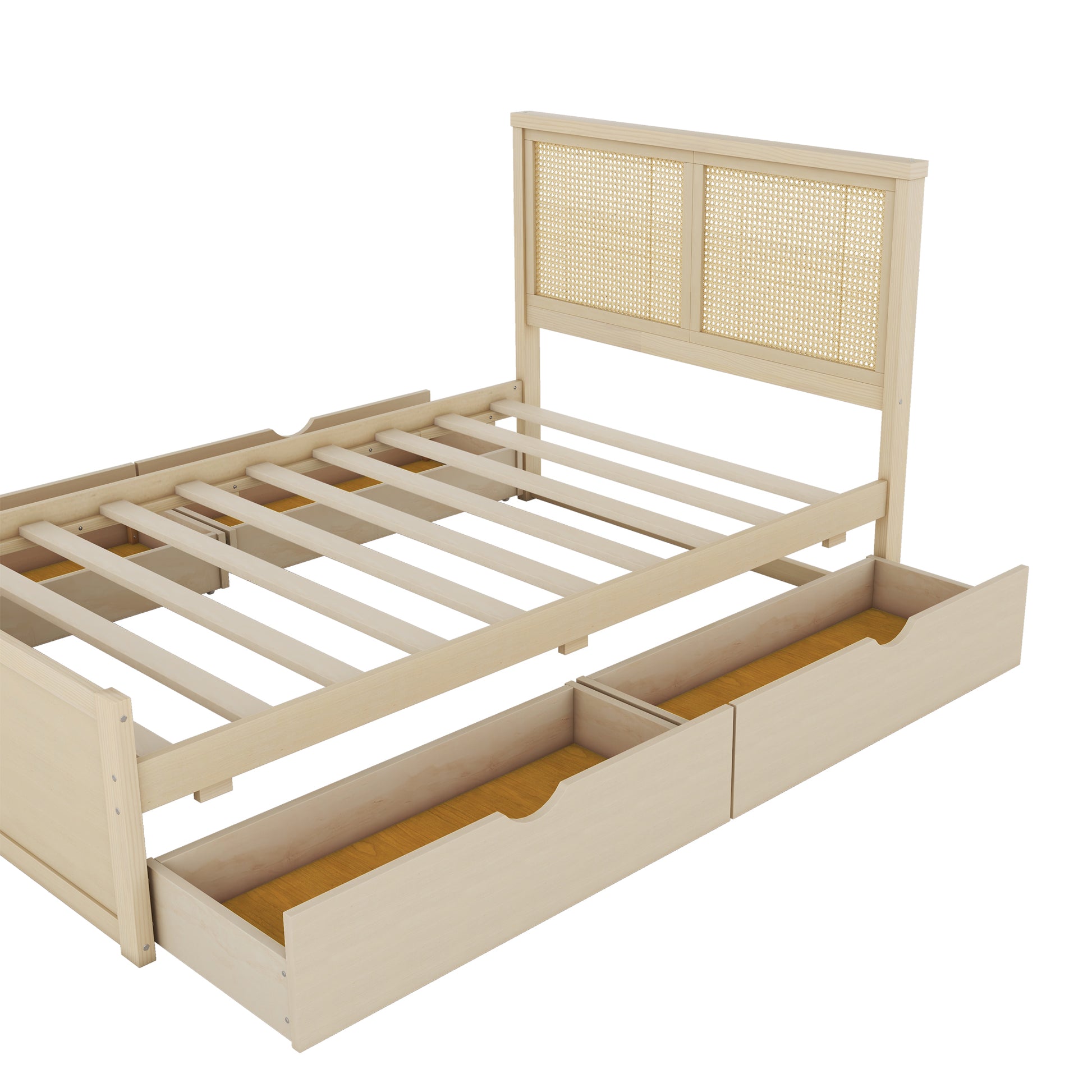 Full Size Wood Storage Platform Bed With 4 Drawers, Rattan Headboard, Nature Box Spring Not Required Full Antique Natural Wood Bedroom Bed Frame Wood Rattan