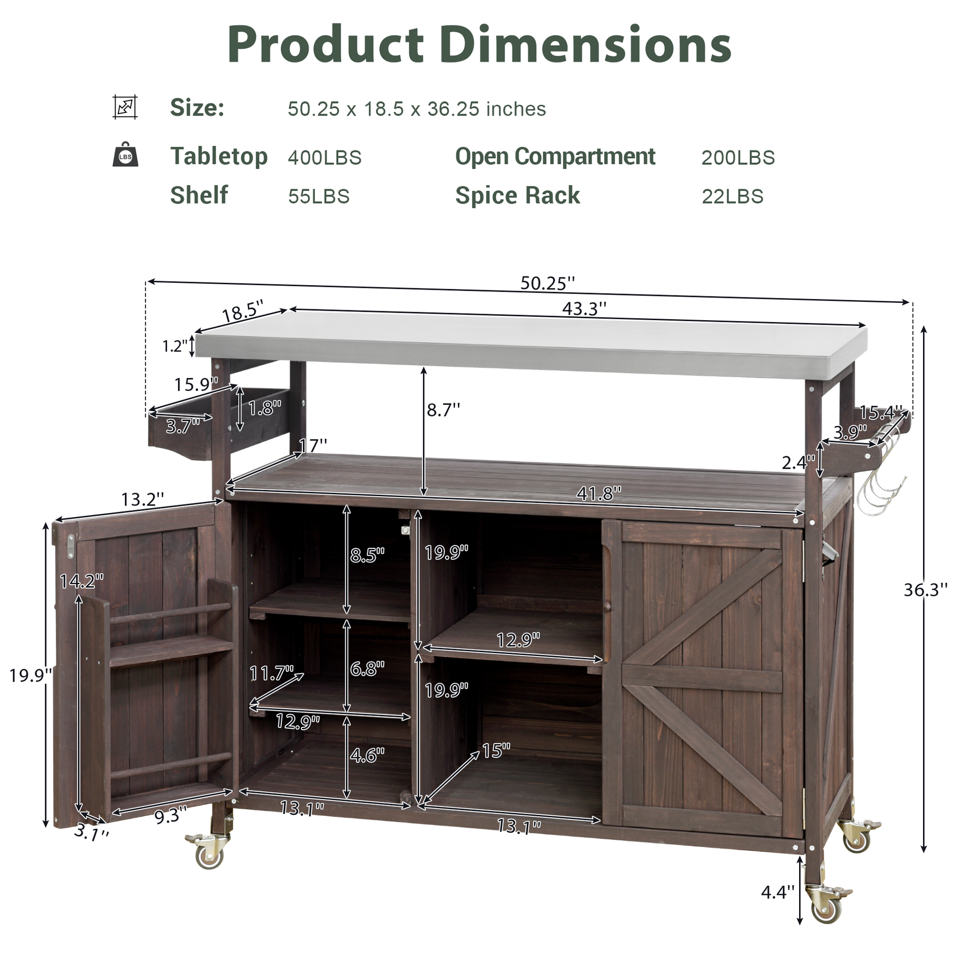 K&K Outdoor Kitchen Island, Rolling Bar Cart & Storage Cabinet, Farmhouse Solid Wood Outdoor Grill Table With Stainless Steel Top, Spice Racktowel Rack For Kitchen & Barbecuedark Brown Dark Brown Garden & Outdoor Classic,Farmhouse,French