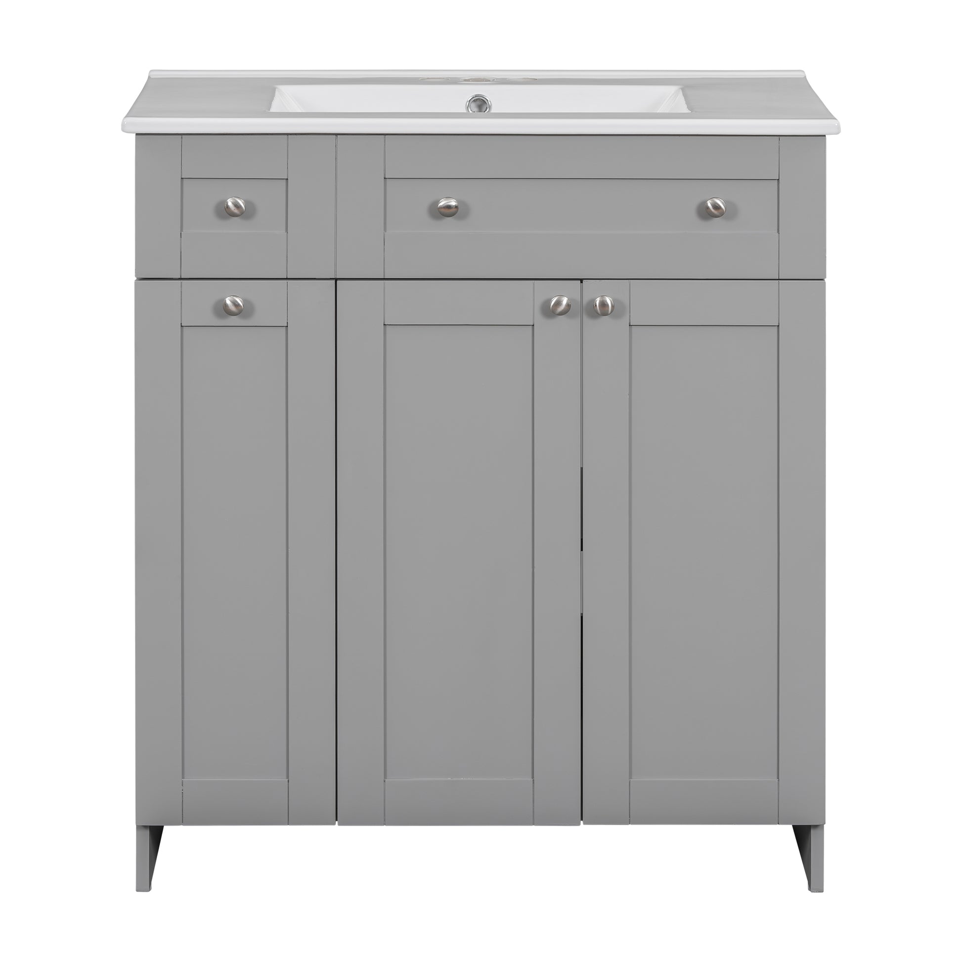 30 Inch Grey Bathroom Vanity With Ceramic Sink Combo, Abundant Storage Cabinet 2 Soft Close Doors And Double Tier Deep Drawer Grey Bathroom Mdf