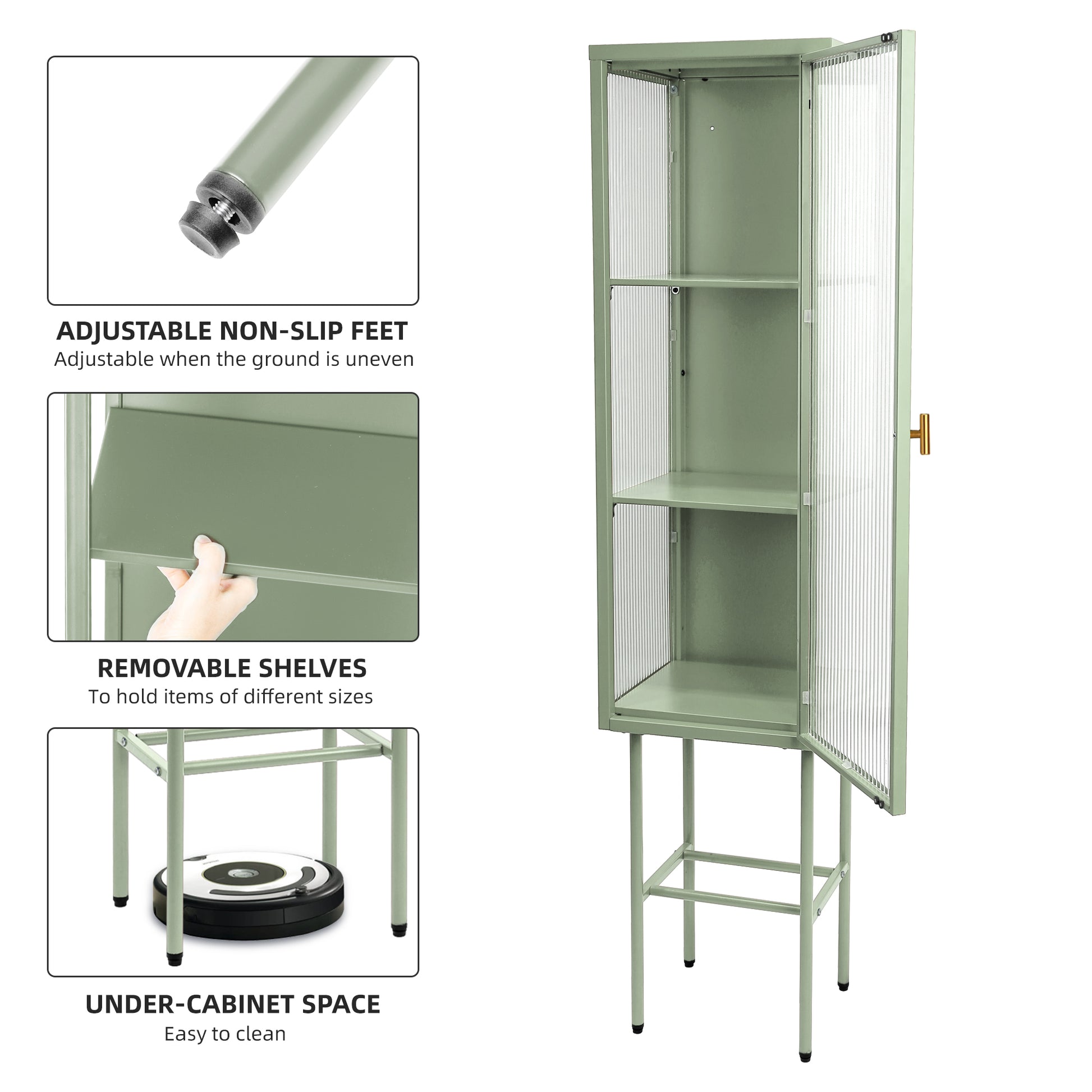 Retro Style Freestanding Metal Tall Display Cupboard With Glass Door And Three Detachable Shelves For Office, Living Room, Kitchen Console Sideboard,Bedside Entryway Mint Green Old Sku:W68751718 Mint Green Steel