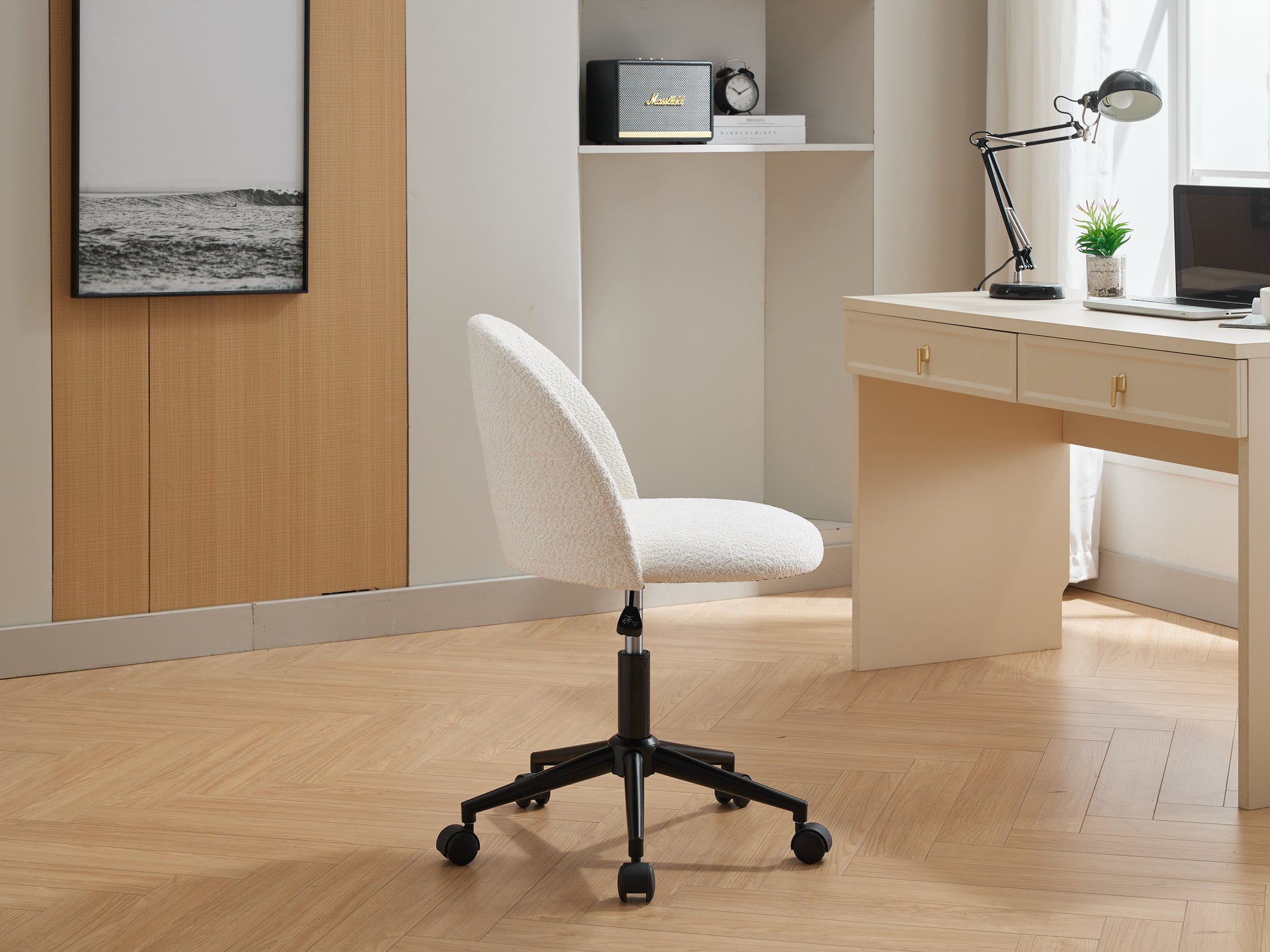 White Boucle Office Chair Desk Chair, Mid Back Adjustable Swivel Computer Chair With Black Legsmodern Upholstered Desk Chair With Wheels White Black Foam Polyester Blend