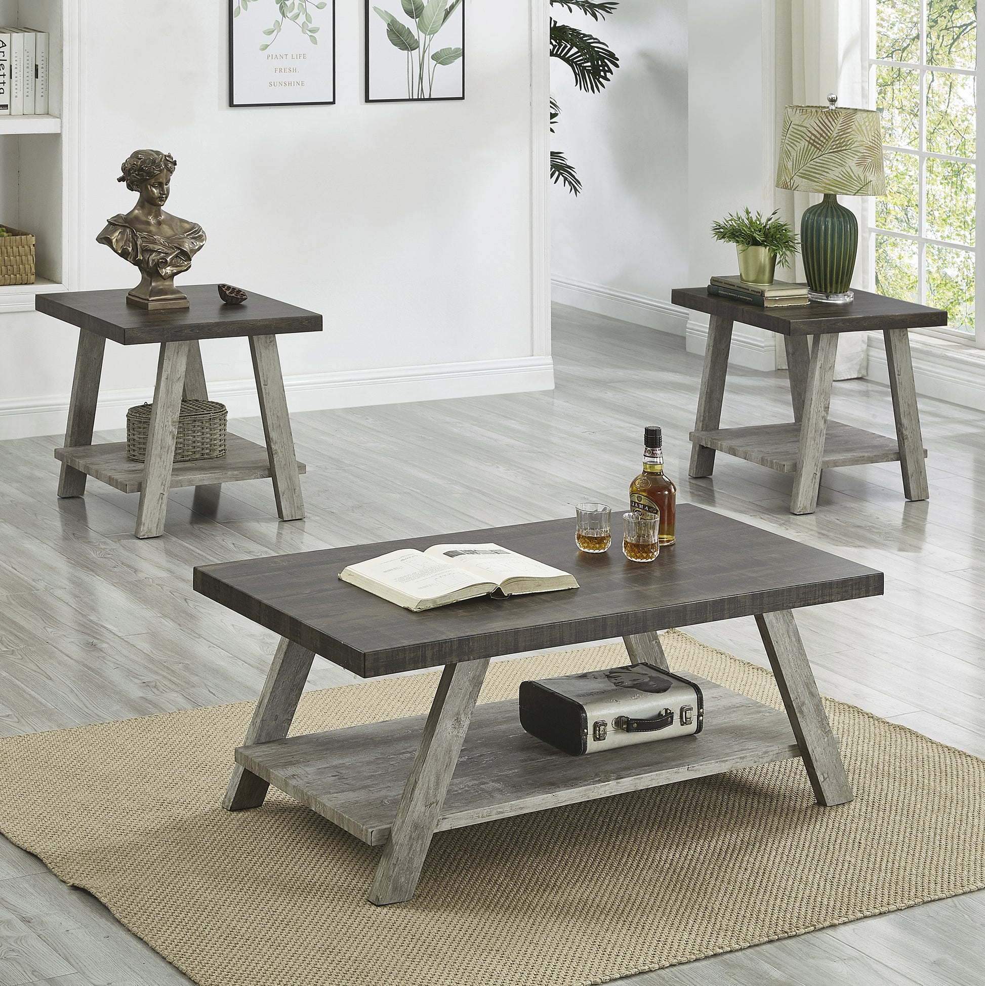 Athens Contemporary 3 Piece Wood Shelf Coffee Table Set In Weathered Walnut And Gray Multicolor Primary Living Space Rectangular Coffee & End Tables Rectangular Wood