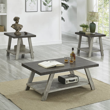 Athens Contemporary 3 Piece Wood Shelf Coffee Table Set In Weathered Walnut And Gray Multicolor Primary Living Space Rectangular Coffee & End Tables Rectangular Wood
