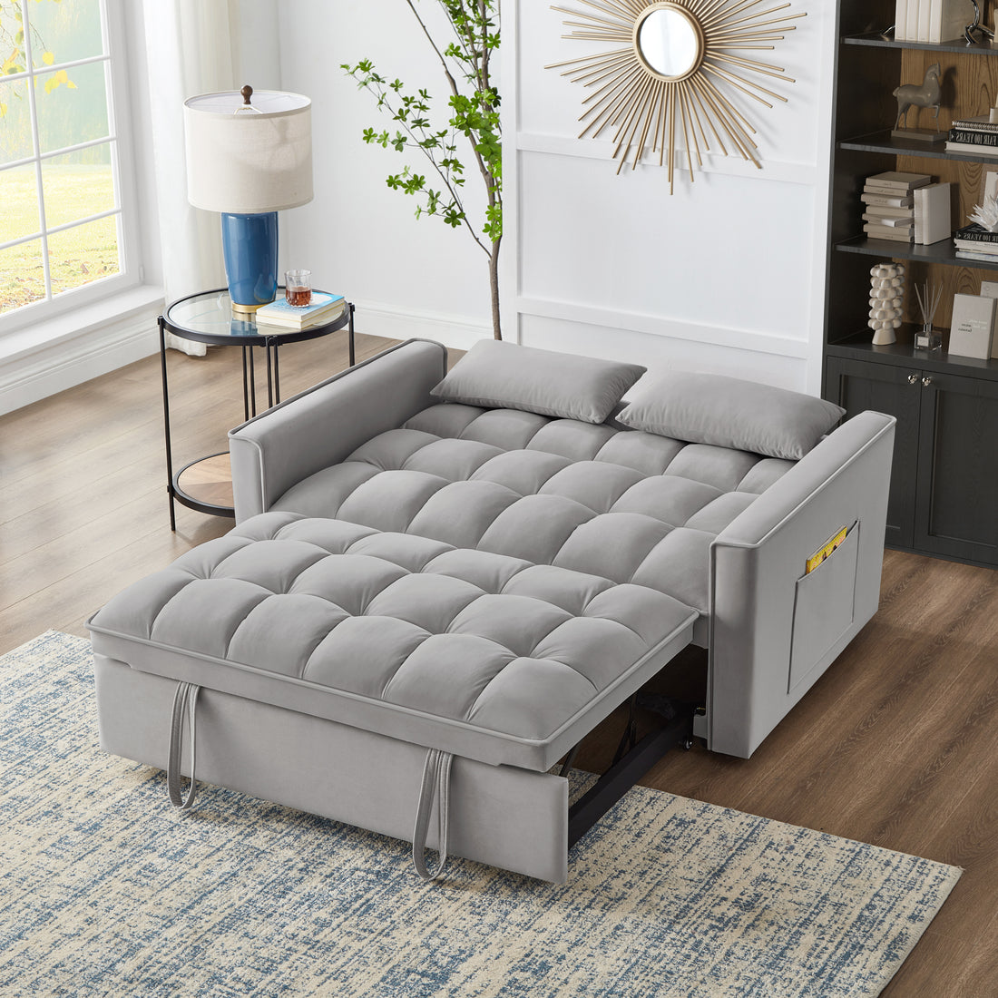 4 In1 Loveseat Sofa Bed With Armrests & Storage Pockets, Multi Function Tufted Pull Out Sofa Bed With Adjustable Backrest And Pillows, Convertible Loveseat Sofa Couch, Gray Gray Velvet Primary Living Space Medium Soft Tufted Back American