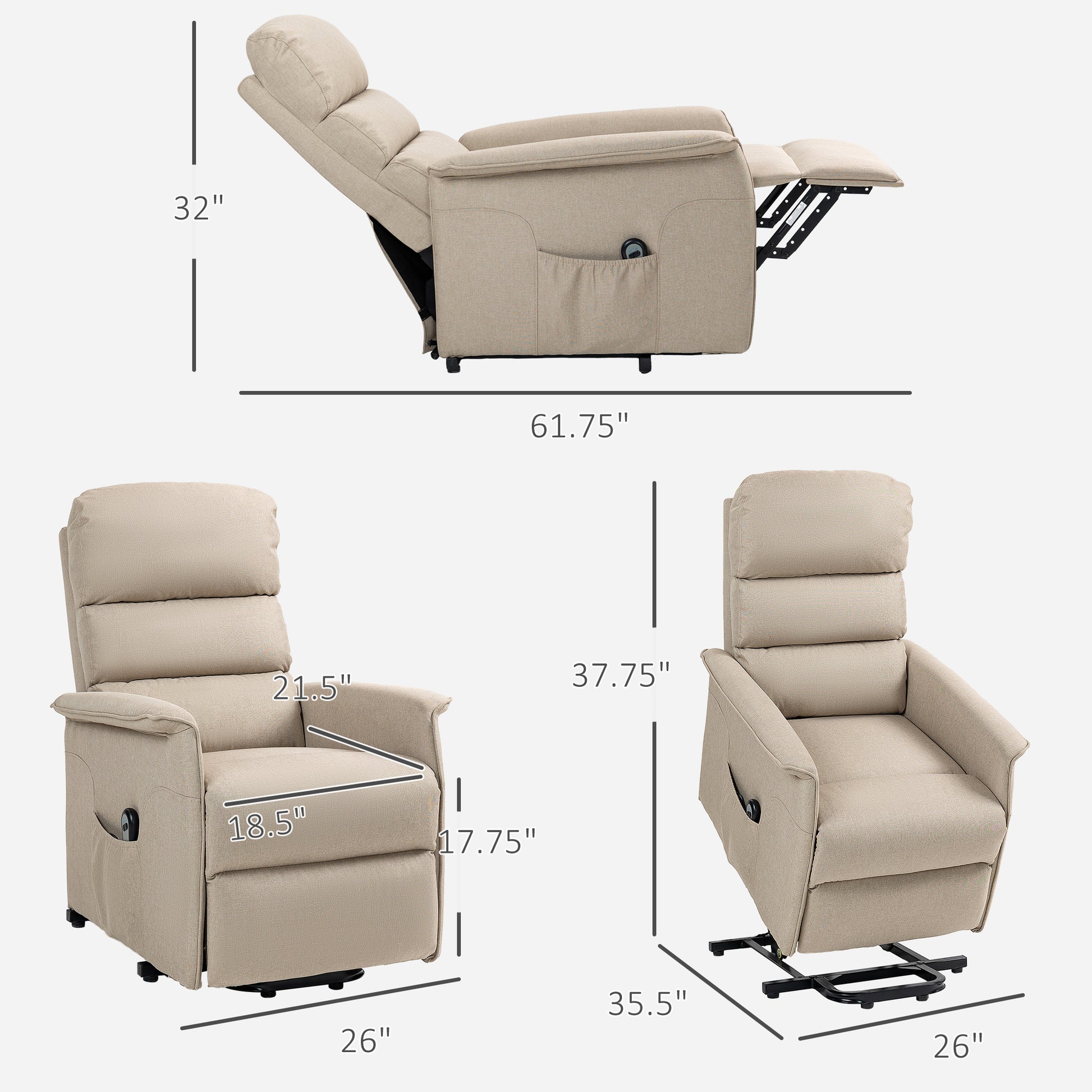 Homcom Power Lift Recliner Chair For Elderly, Easy Assembly, Fabric Lift Chair With Remote Control, Side Pockets For Living Room, Beige Beige Polyester