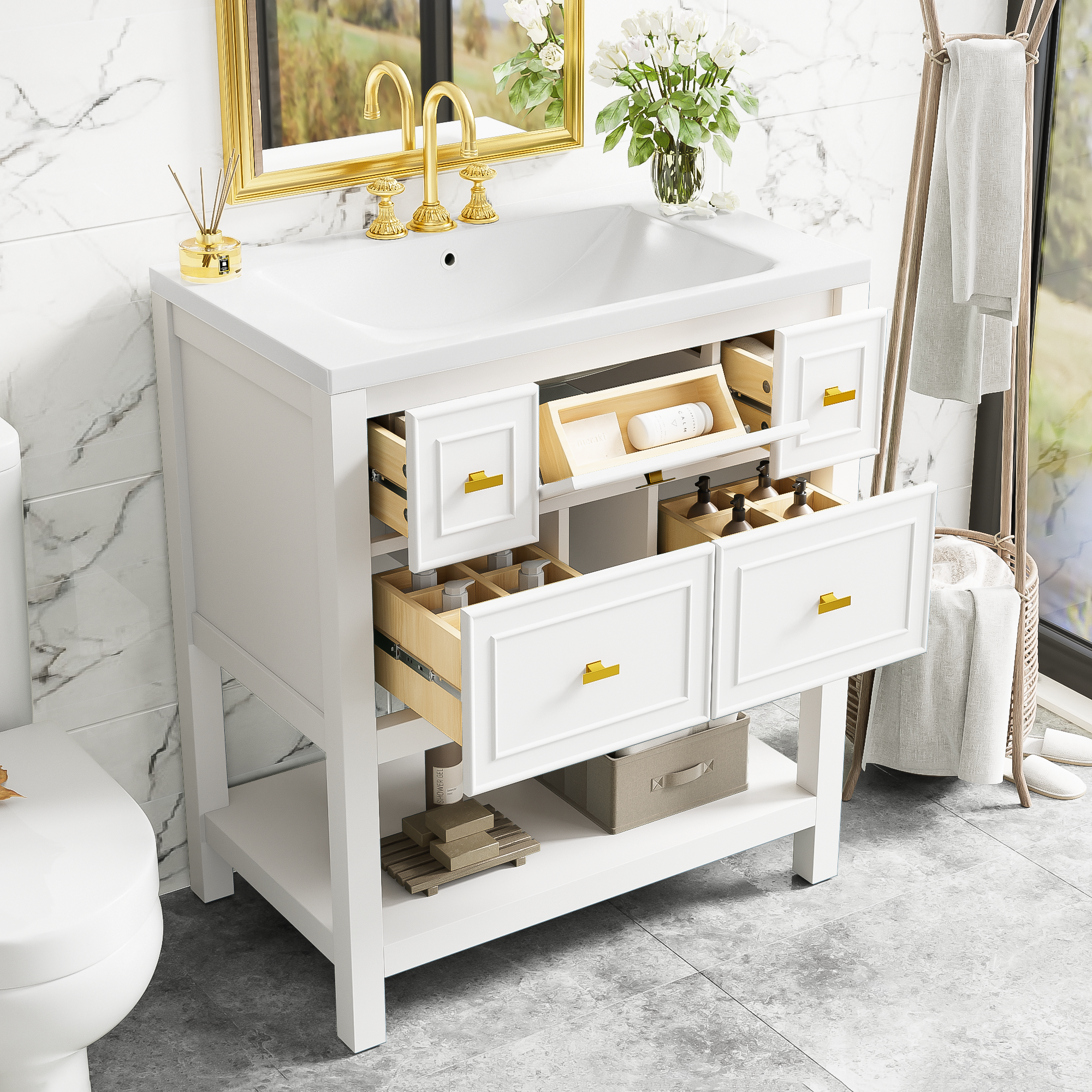 30'' Bathroom Vanity With Resin Sink Combo, Free Standing Single Vanity Set With 5 Drawers, Solid Wood Frame Bathroom Storage Cabinet, White 4 White 1 Bathroom Freestanding Modern Solid Wood Mdf Resin Painted