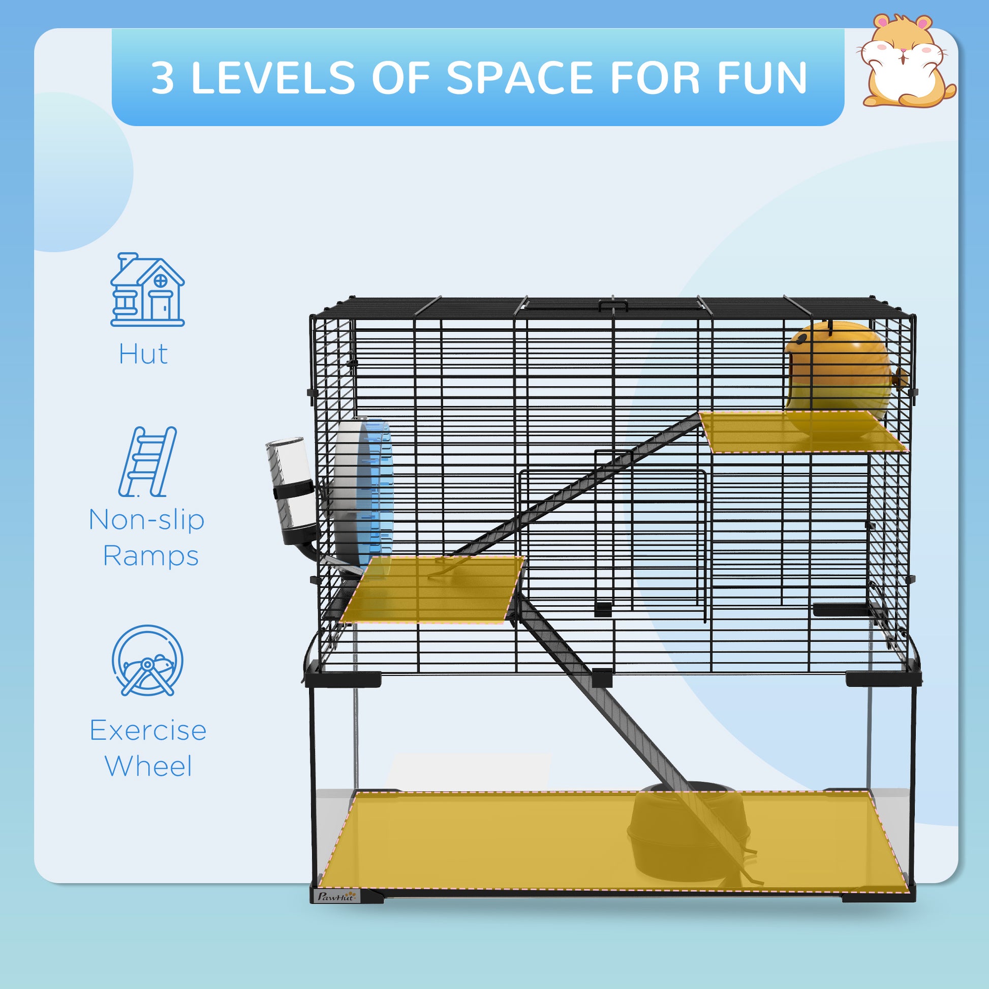 Pawhut Hamster Cage, 23.5" Gerbil Cage With Glass Basin, Ramps, Platforms, Hut, Exercise Wheel, For Small Hamsters, Black Black Steel