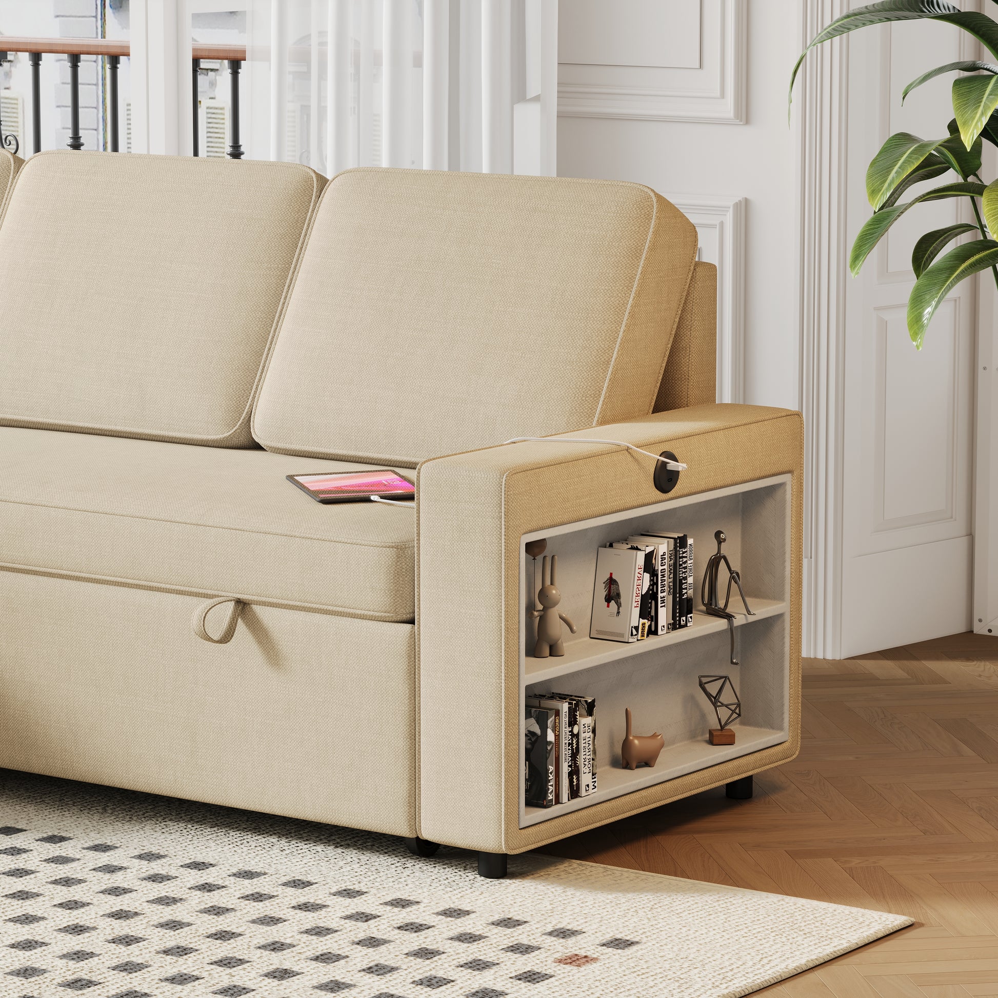 85.8" Pull Out Sleeper Sofa L Shaped Couch Convertible Sofa Bed With Storage Chaise And Storage Racks,With Usb Port And T Pyce Port Beige Fabric 3 Seat