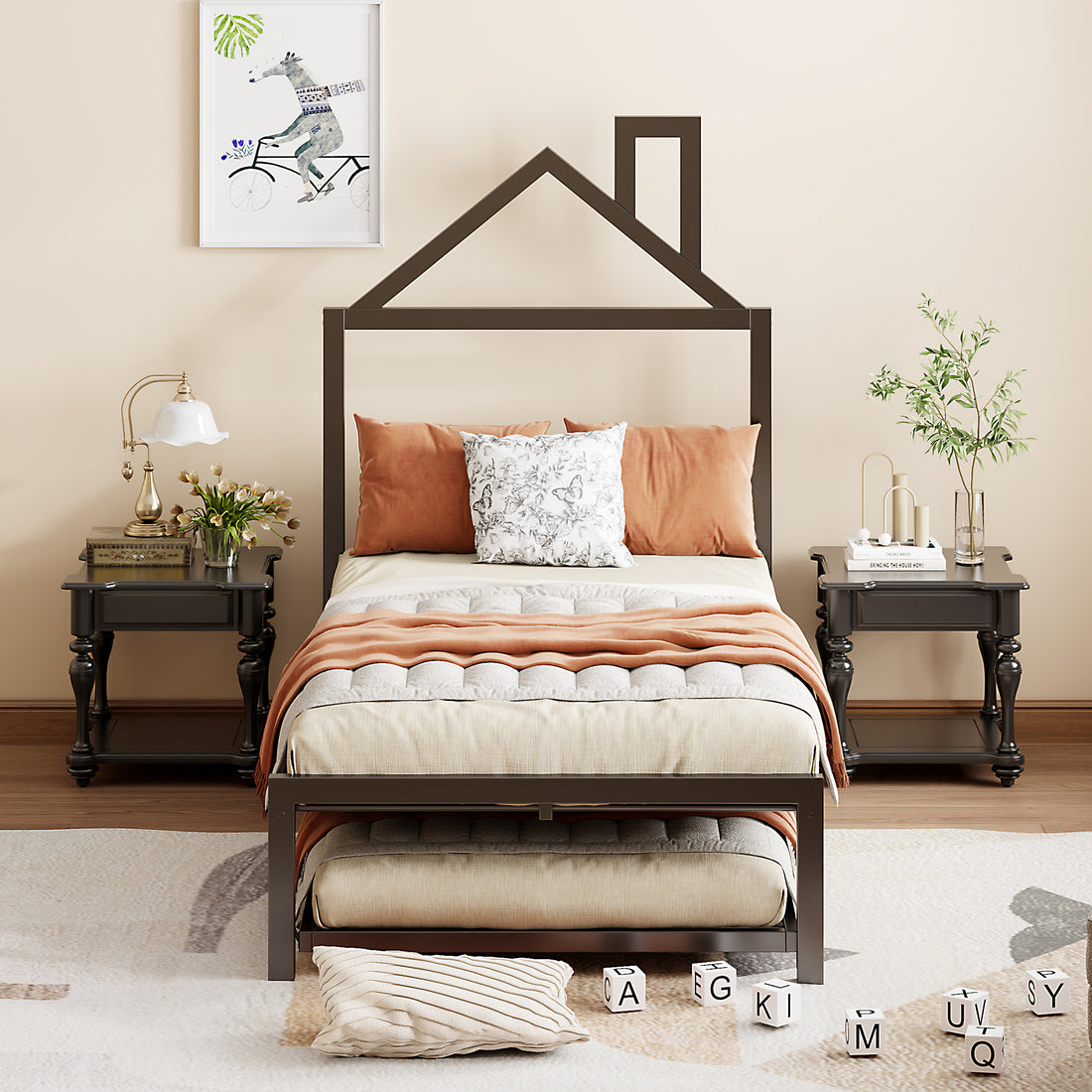 Twin Size Metal Platform Bed With Twin Size Trundle,House Shaped Headboard Design, Black Twin Black Metal