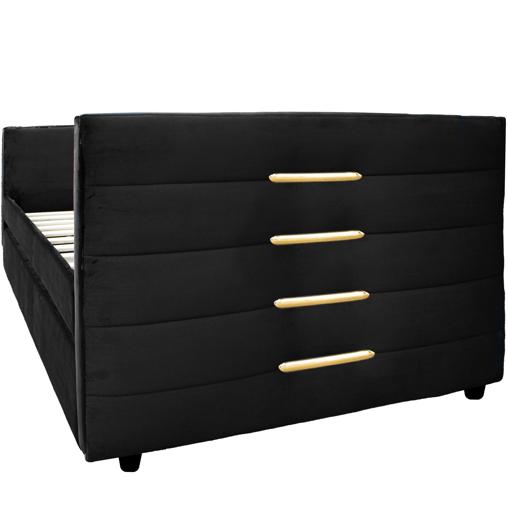 Black Upholstered Twin Size Daybed With Trundle, Velvet Fabric, Gold Iron Bar Design, No Springs Required, Moderen Style Box Spring Not Required Twin Black Wood Espresso Bedroom Minimalist,Modern,Ultra Modern Rubberwood Fiber Foam And Polyester Fiber Pad