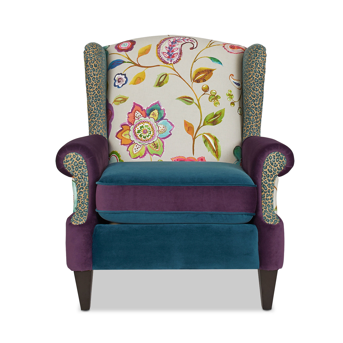 Anya Boho Chic Wingback Accent Arm Chair, Floral & Leopard, Blue Teal & Purple Velvet Teal Multi Foam Fabric