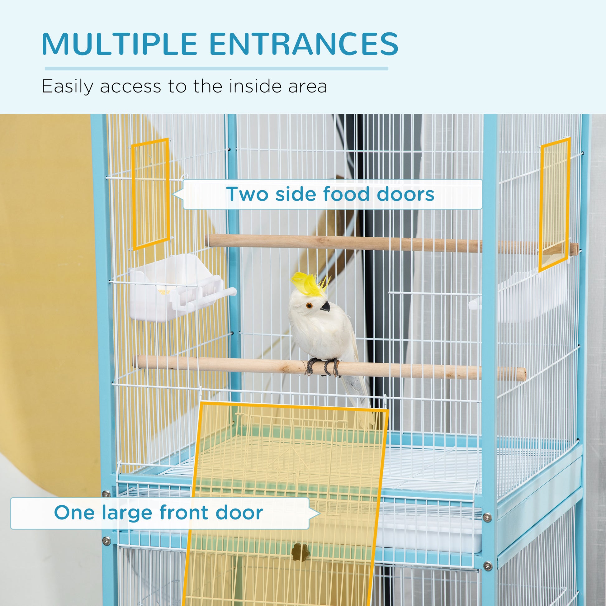 Pawhut Large Bird Cage With 1.7 Ft. Width For Wingspan, Bird Aviary Indoor With Multi Door Design, Fit For A Canary, Finch, Conure, 55", Light Blue Light Blue Steel