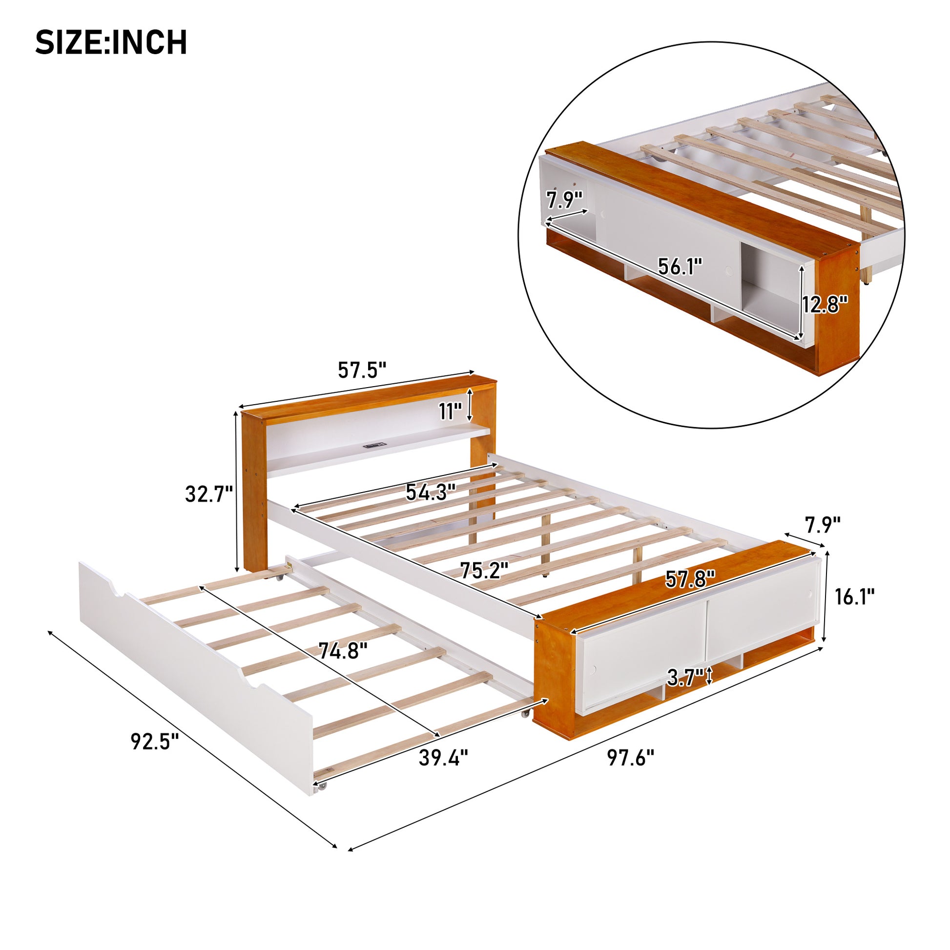 Full Size Platform Bed With Trundle,Storage Headboard And Footboard,Usb Charging Design,White Natural Full White Natural Solid Wood Mdf