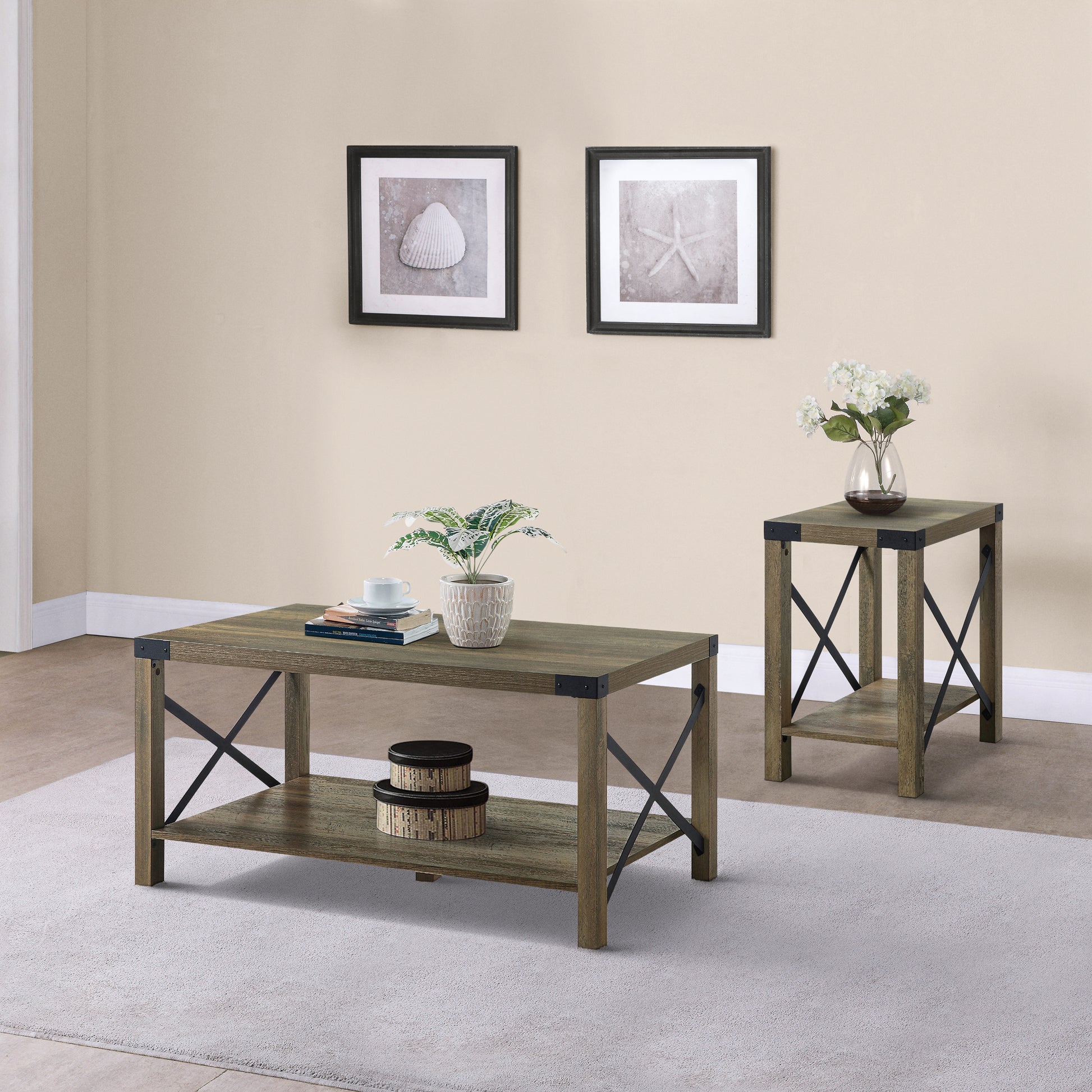 Rustic Oak End Table With Bottom Shelf Rustic Rustic Shelves Square Wood Metal