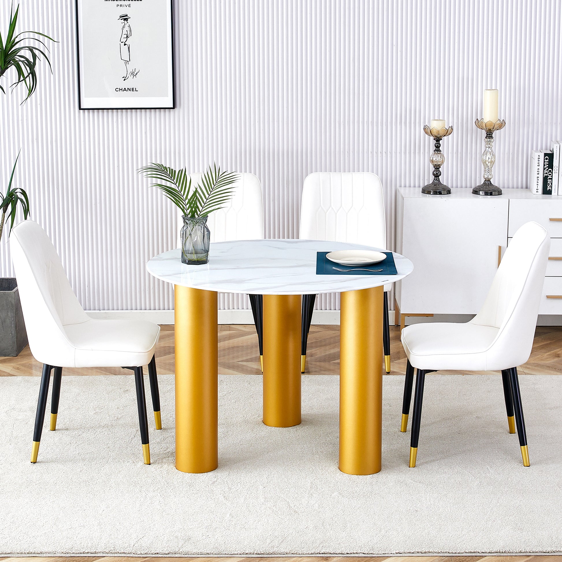 Table And Chair Set, Round Table With White Marble Pattern, Gold Mdf Table Legs, Soft And Comfortable Dining Chair, Suitable For Kitchen And Living Room White Mdf