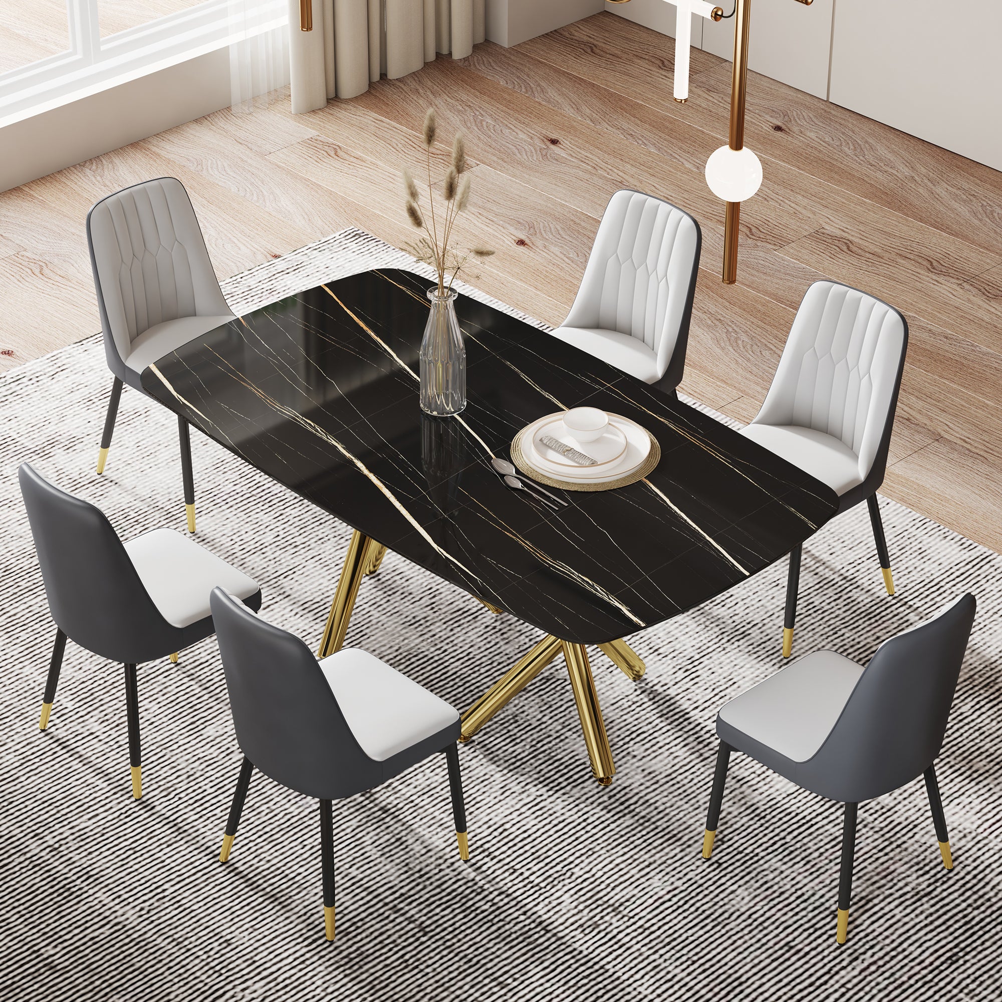 Large Modern Minimalist Rectangular Dining Table With 0.39 "Imitation Marble Black Tabletop And Golden Metal Legs, Paired With Chairs With Pu Cushions And Black Metal Legs. F 1538 C 007 Black Gold Glass Metal