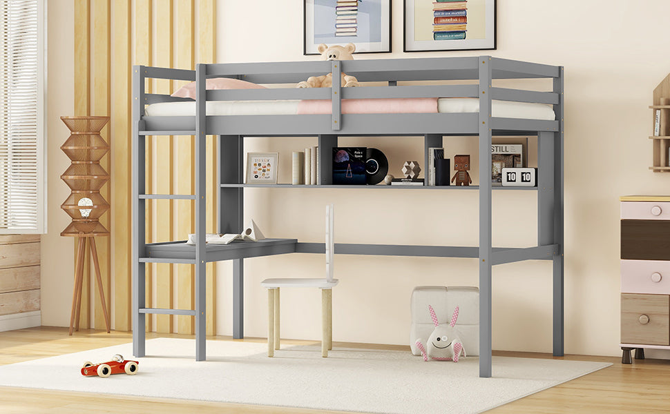 Twin Size Loft Bed With Desk And Shelves, Safety Guardrail And Ladder,Grey Twin Grey Pine