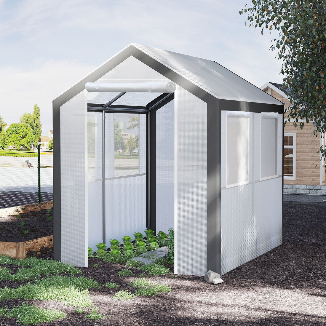 Outsunny 8' X 6' X 7' Walk In Greenhouse, Outdoor Garden Warm Hot House With 4 Roll Up Windows, 2 Zippered Doors And Weather Cover, White White Polyethylene