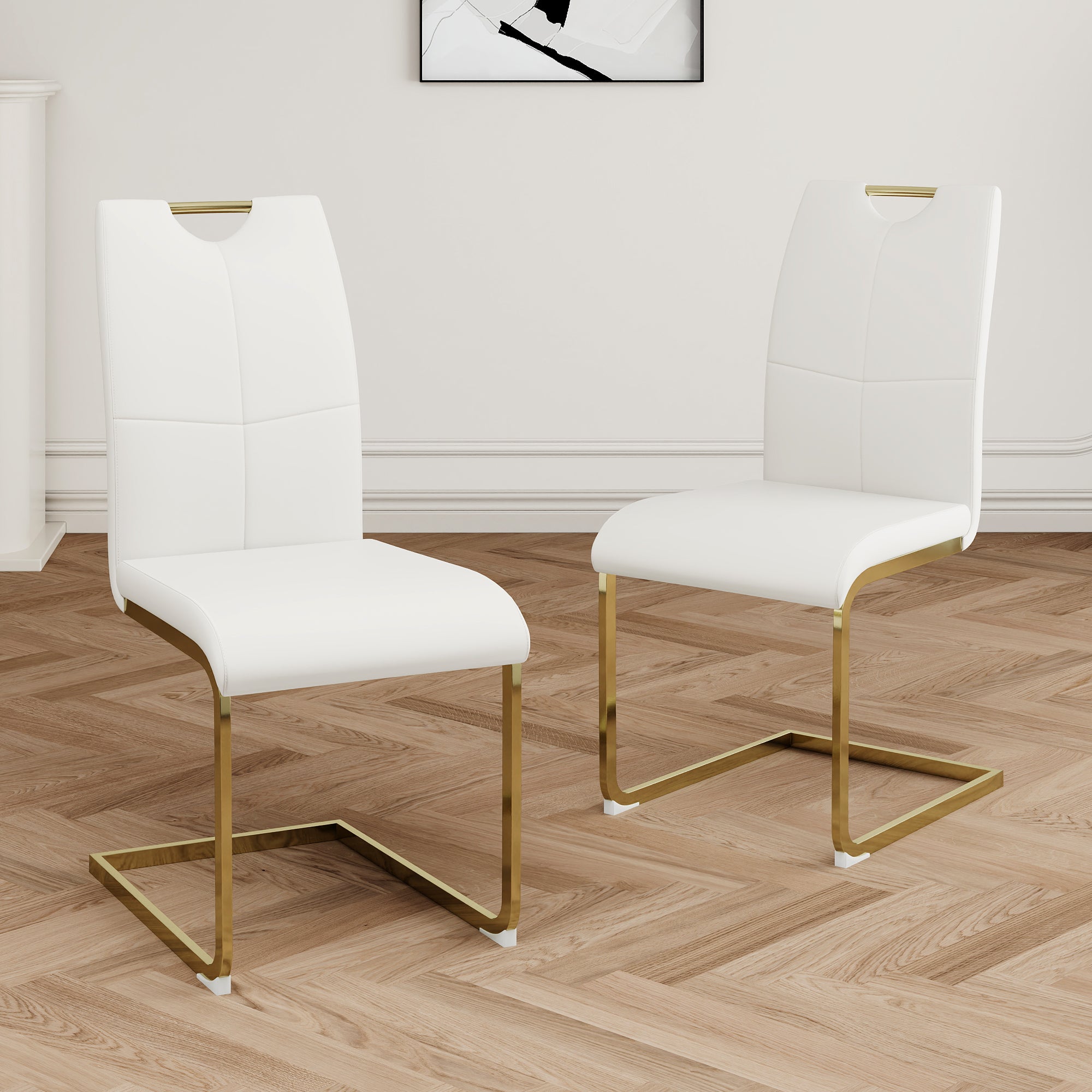 Modern Dining Chairs With Faux Leather Padded Seat Dining Living Room Chairs Upholstered Chair With Gold Metal Legs Design For Kitchen, Living, Bedroom, Dining Room Side Chairs Set Of 2 White Gold