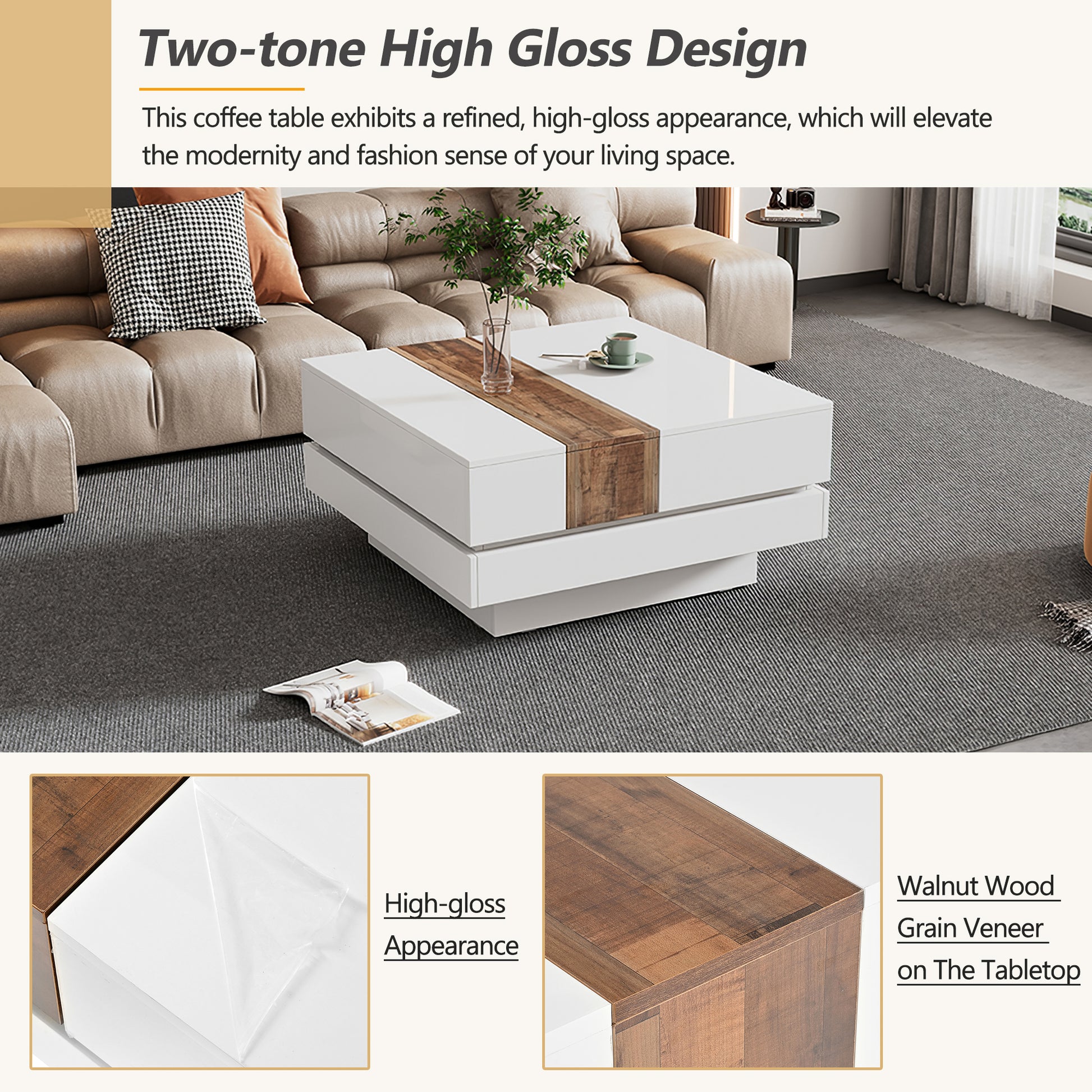 31.4'' X 31.4'' Square Coffee Table With Sliding Tabletop, High Gloss Center Table With Hidden Storage Compartment, Extendable Cocktail Table With Walnut Grain Finish For Living Room, White White Square Mdf