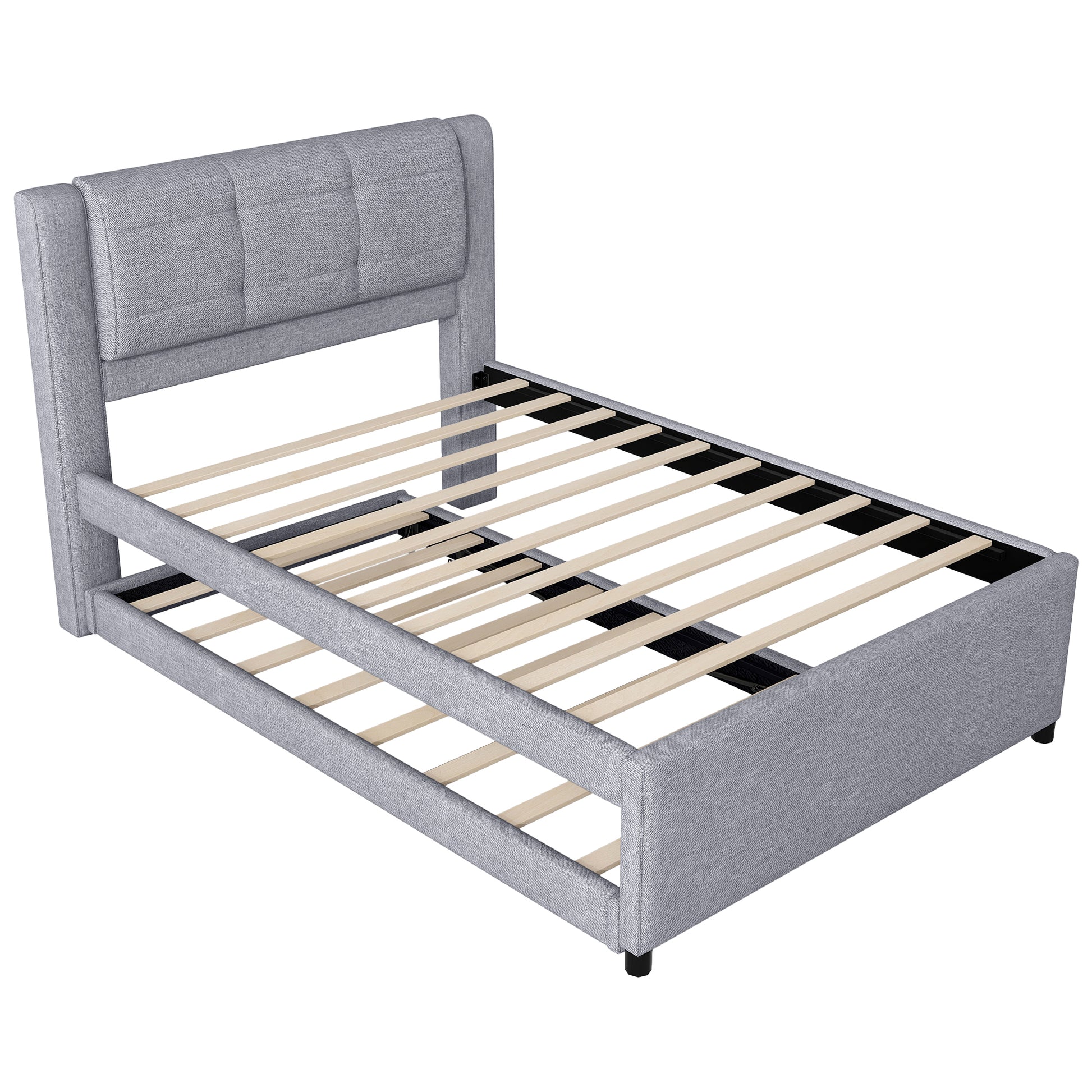 Full Size Upholstery Platform Bed With Trundle,Trundle Can Be Flat Or Erected, Gray Box Spring Not Required Full Gray Bedroom Linen Upholstered