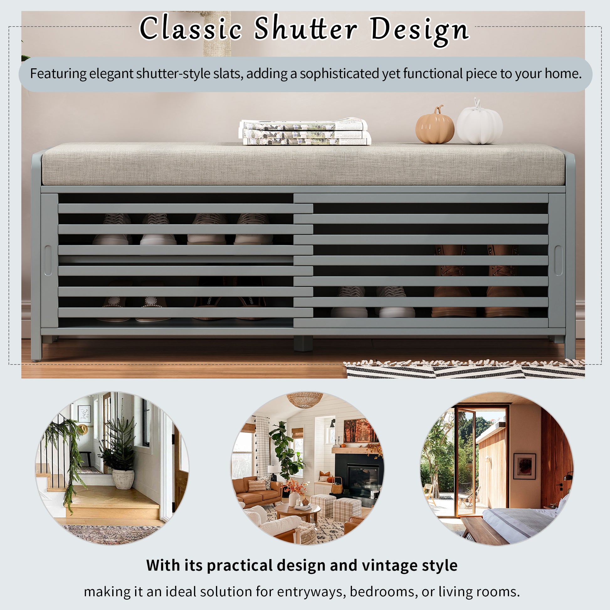 Distressed Shutter Storage Bench With Acacia Veneer For Retro Charm For Living Room, Entryway Grey Grey Mdf