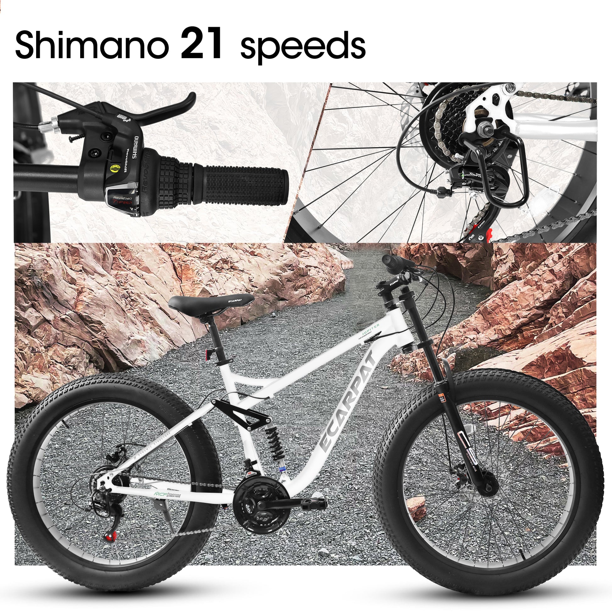 A26309 26 Inch Mountain Bike,Full Suspension 21 Speeds Drivetrain With Disc Brake Mtb Bicycle, 26*4" Fat Tire Bike For Men Or Women. White Multi Steel