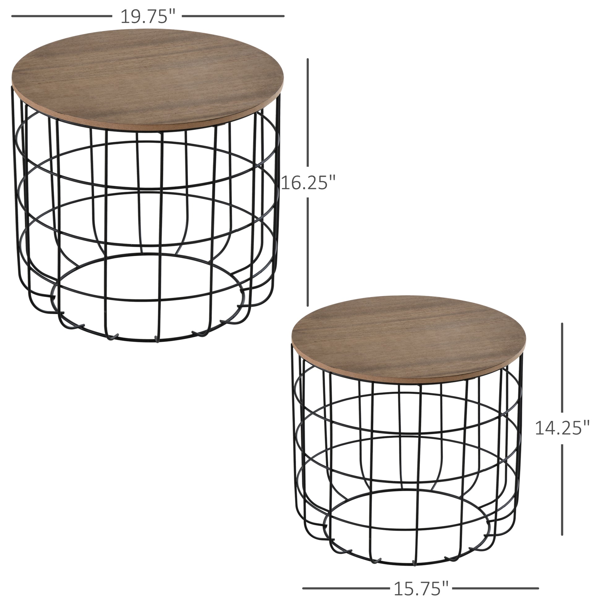 Homcom Round Coffee Table Set Of 2, Industrial End Tables With Extra Storage Space For Living Room, Brown And Black Black Brown Steel