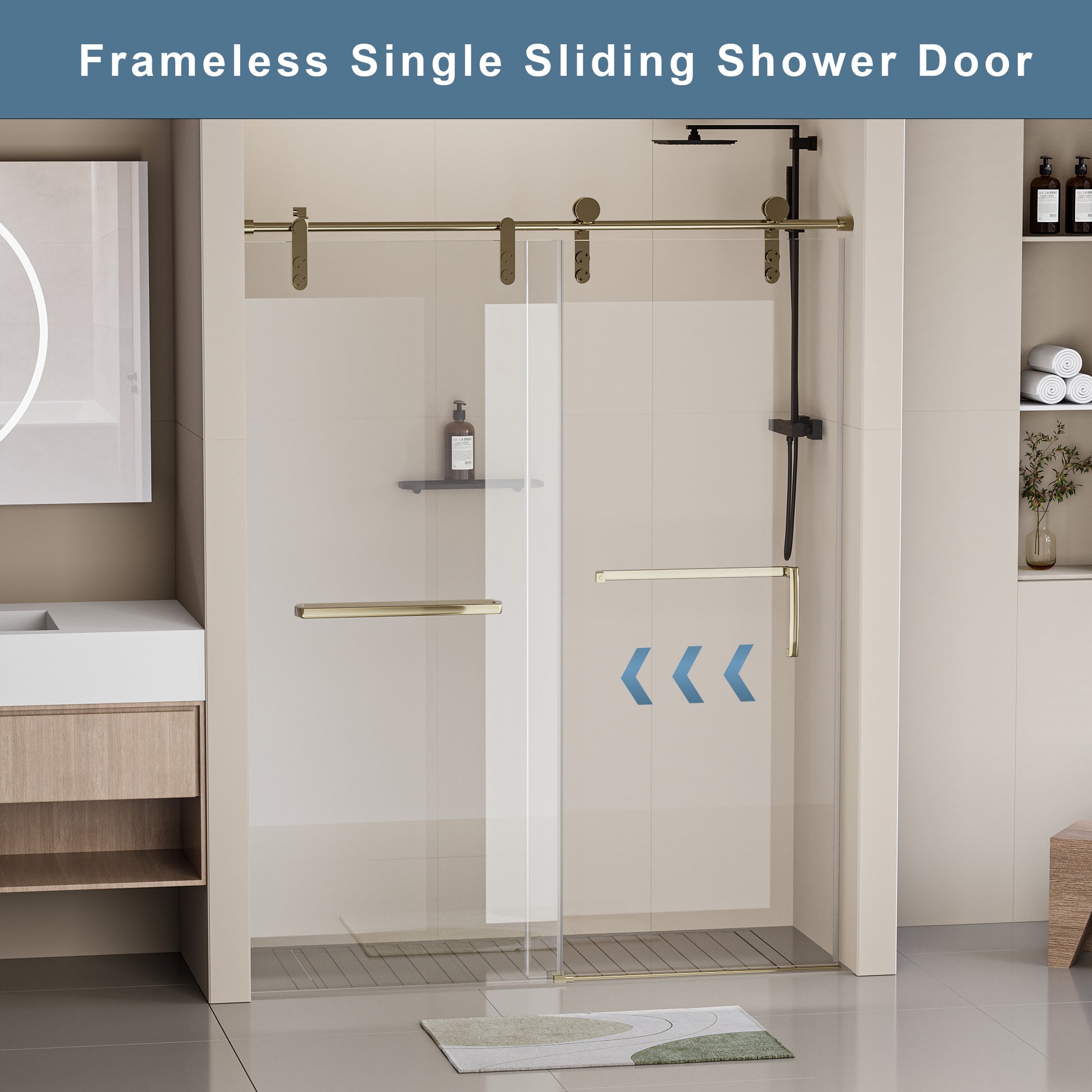 56 60 In. W X 76 In. H Frameless Shower Door, Single Sliding Shower Door, 5 16" 8Mm Clear Tempered Glass Shower Door With Explosion Proof Film, Stainless Steel Hardware, Gold 24D210 60G Combo Gold Tempered Glass