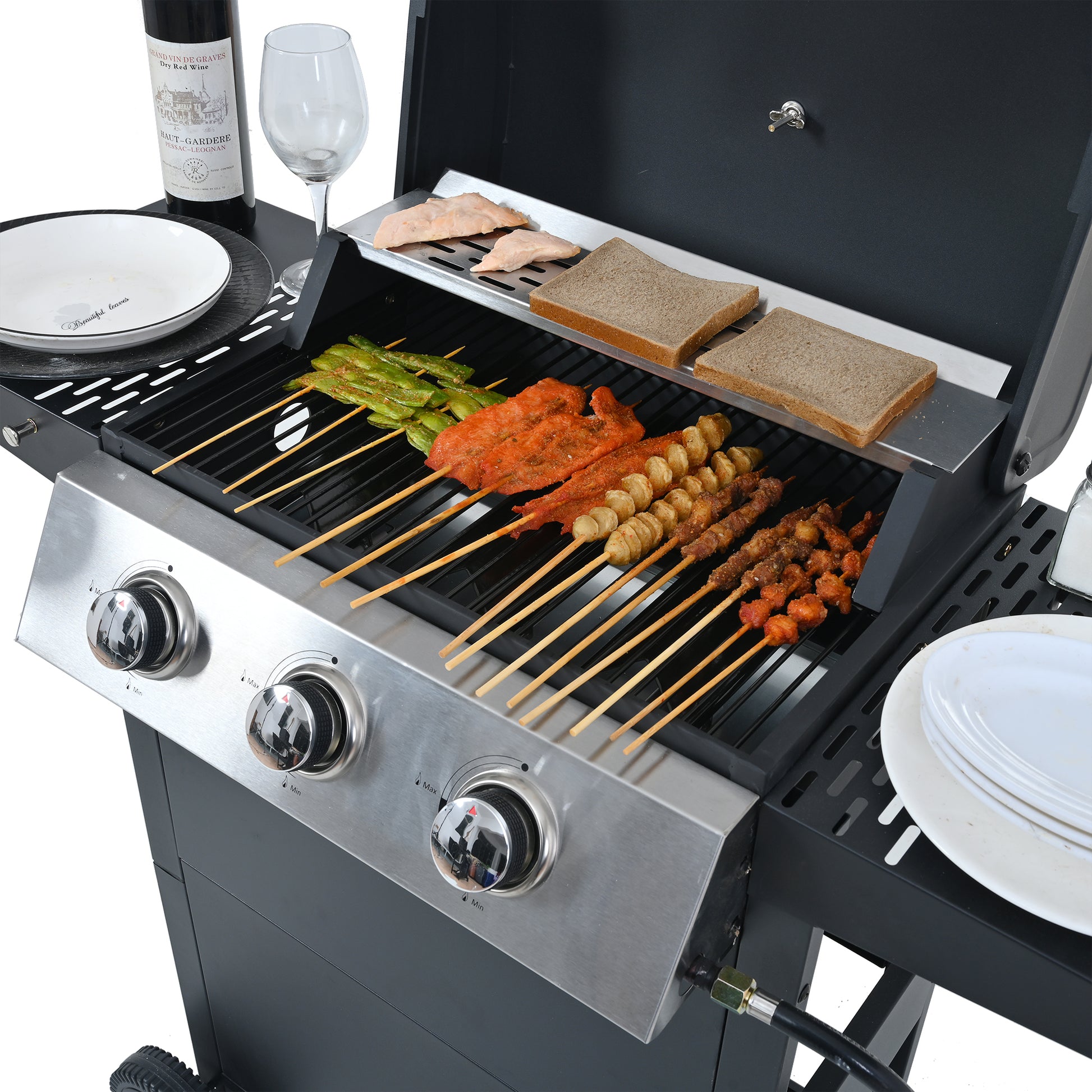 Propane Gas Grill 3 Burner Barbecue Grill, Stainless Steel 26,000 Btu Patio Garden Barbecue Grill With Two Shelves, Lid, Wheels And Bottle Opener Black Iron