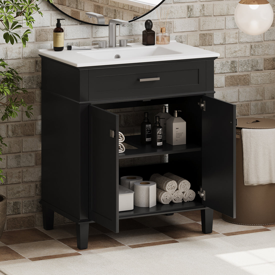 30 Inch Bathroom Vanity With Ceramic Basin, Soft Close Door And Adjustable Shelves Black Bathroom Solid Wood Mdf
