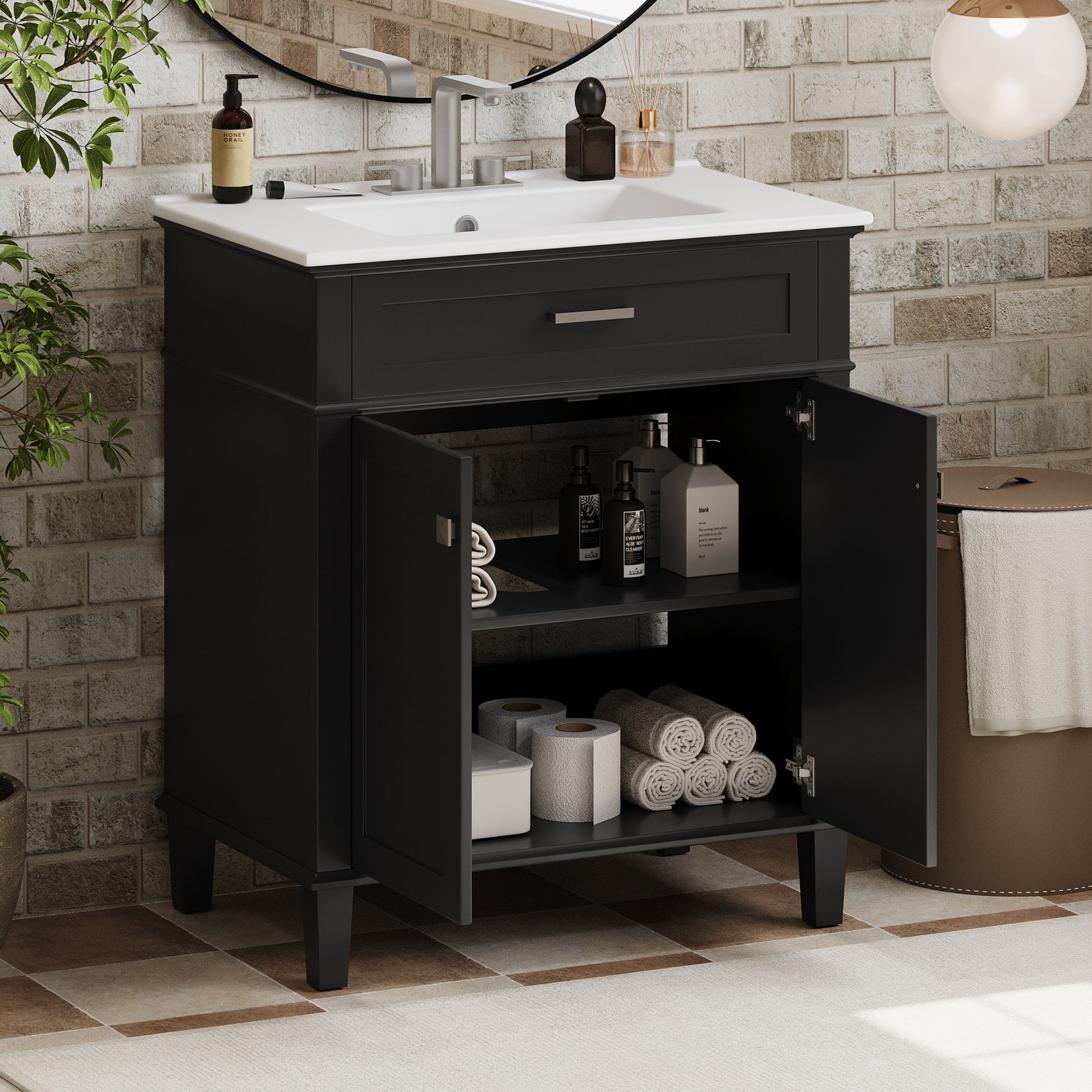 30 Inch Bathroom Vanity With Ceramic Basin, Soft Close Door And Adjustable Shelves Black Bathroom Solid Wood Mdf