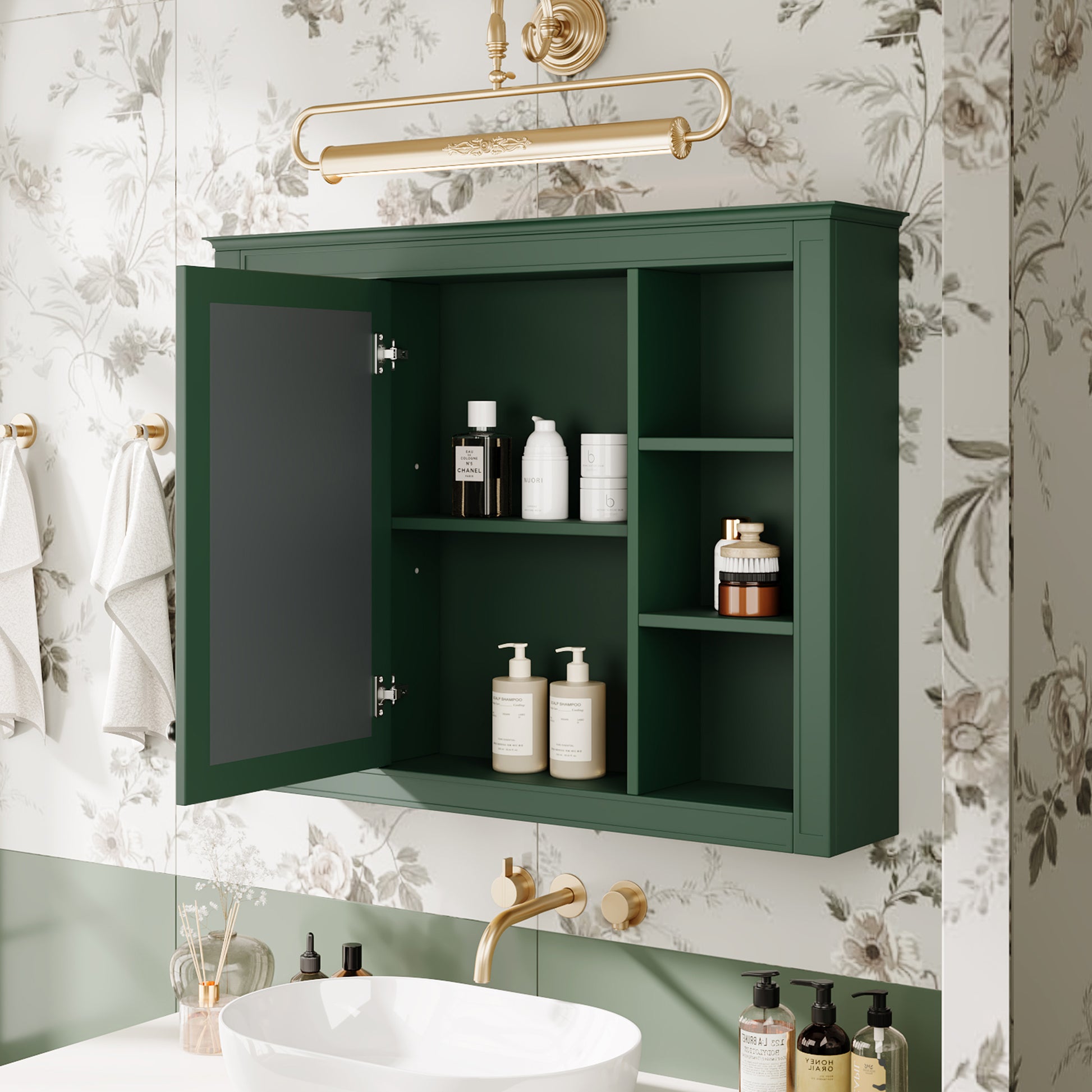 35'' X 27.5'' Medicine Cabinet, Wall Mounted Bathroom Storage Cabinet, Modern Bathroom Wall Cabinet With Mirror, Mirror Cabinet With 6 Open Shelves Not Include Bathroom Vanity Green 1 Bathroom Wall Mounted Modern Mdf Painted