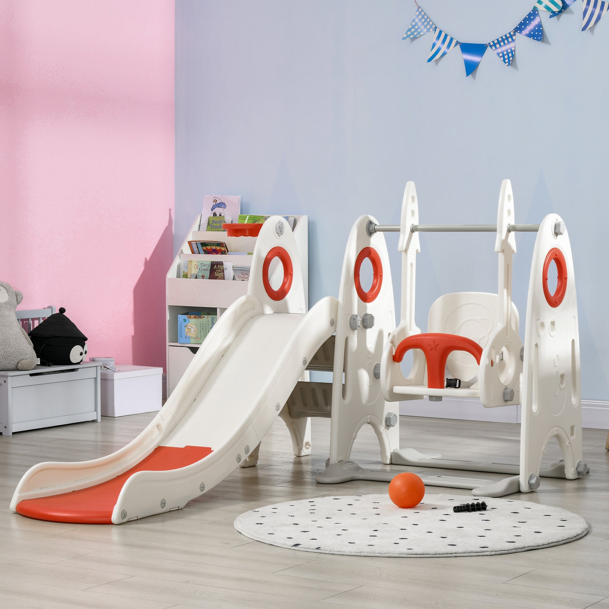 Qaba Toddler Swing Set, 4 In 1 Toddler Playground For Kids 1 3 Years Old, Indoor Toddler Playset With Slide, Swing, Basketball Hoop, Climber, Basketball, Red Red Plastic