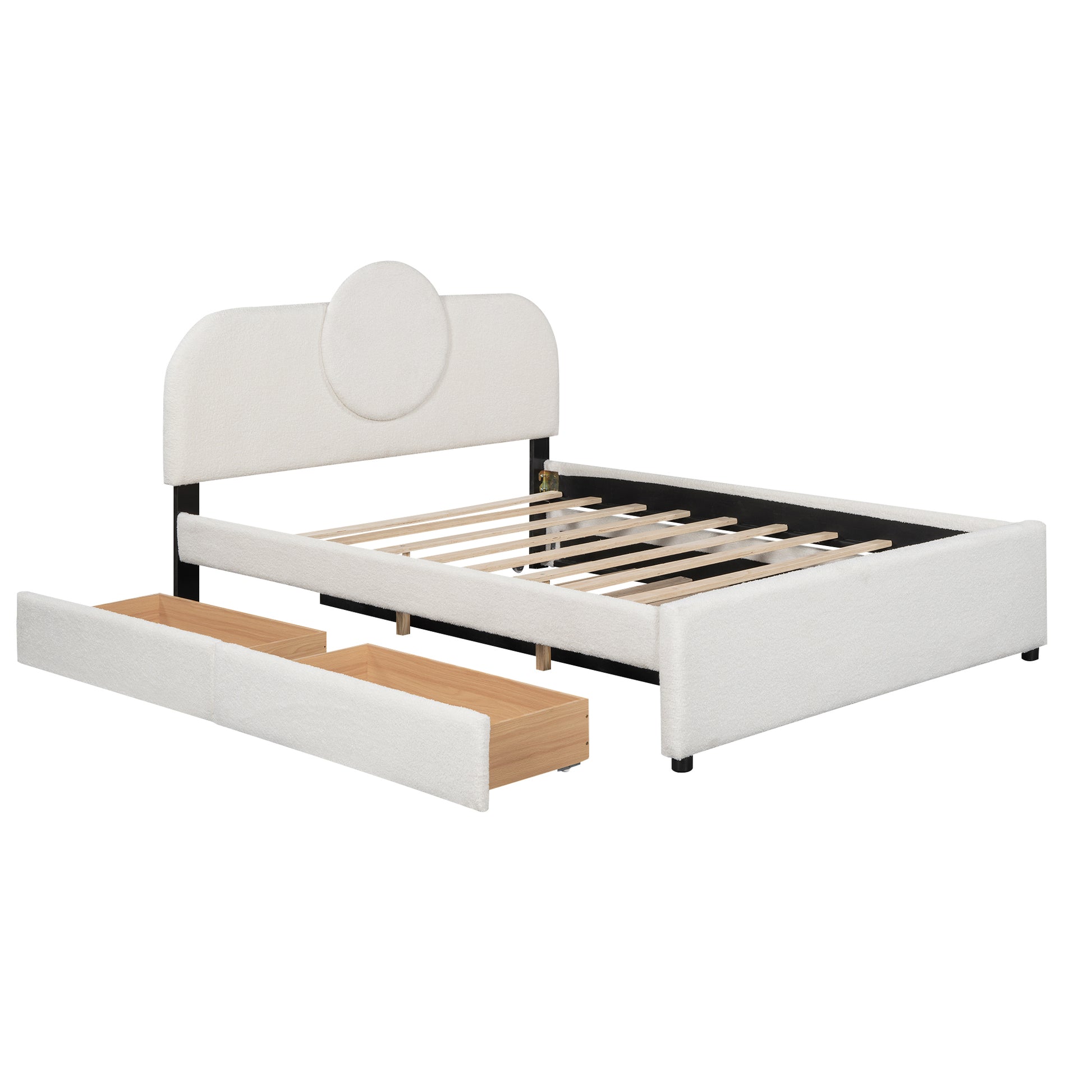 Queen Size Upholstered Platform Bed With Multi Functional Headboard, Trundle And 2 Drawers, White Box Spring Not Required Queen White Wood Bedroom Upholstered