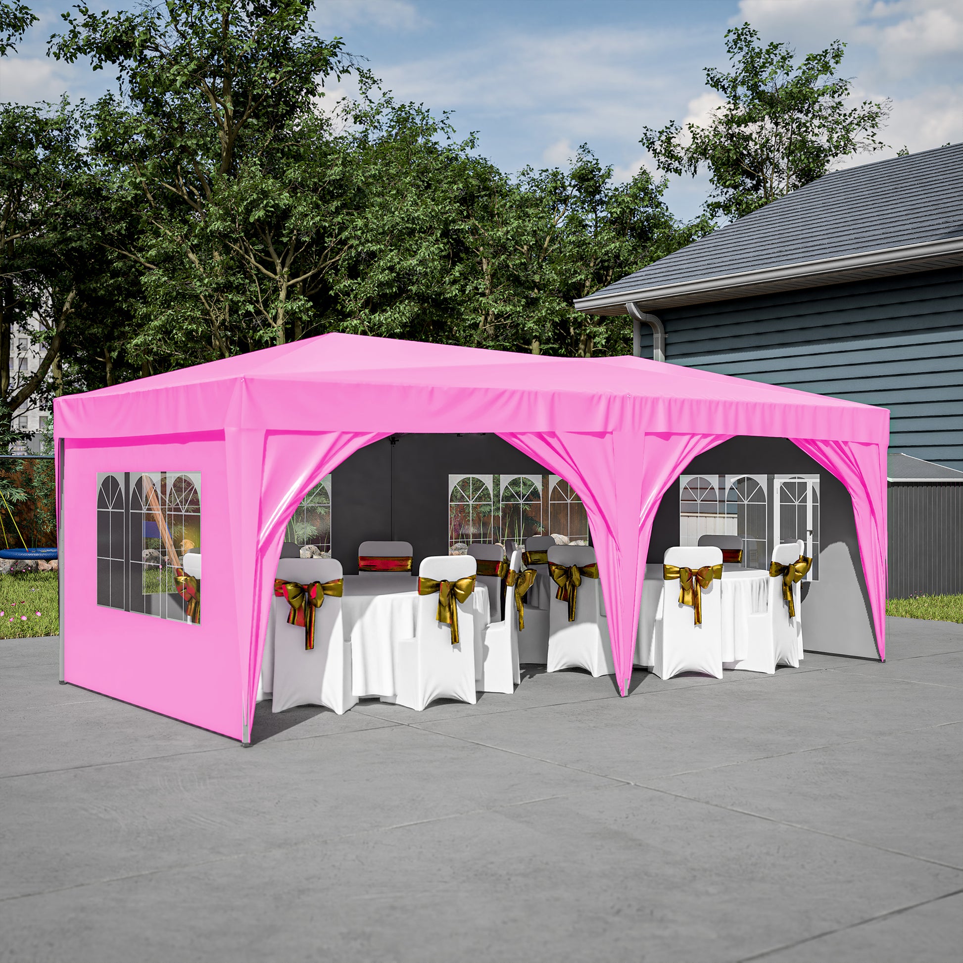 10'X20' Pop Up Canopy Tent With 6 Sidewalls, Ez Pop Up Outdoor Canopy For Parties, Waterproof Commercial Tent With 3 Adjustable Heights, Carry Bag, 6 Sand Bags, 6 Ropes And 12 Stakes, Pink Pink Metal