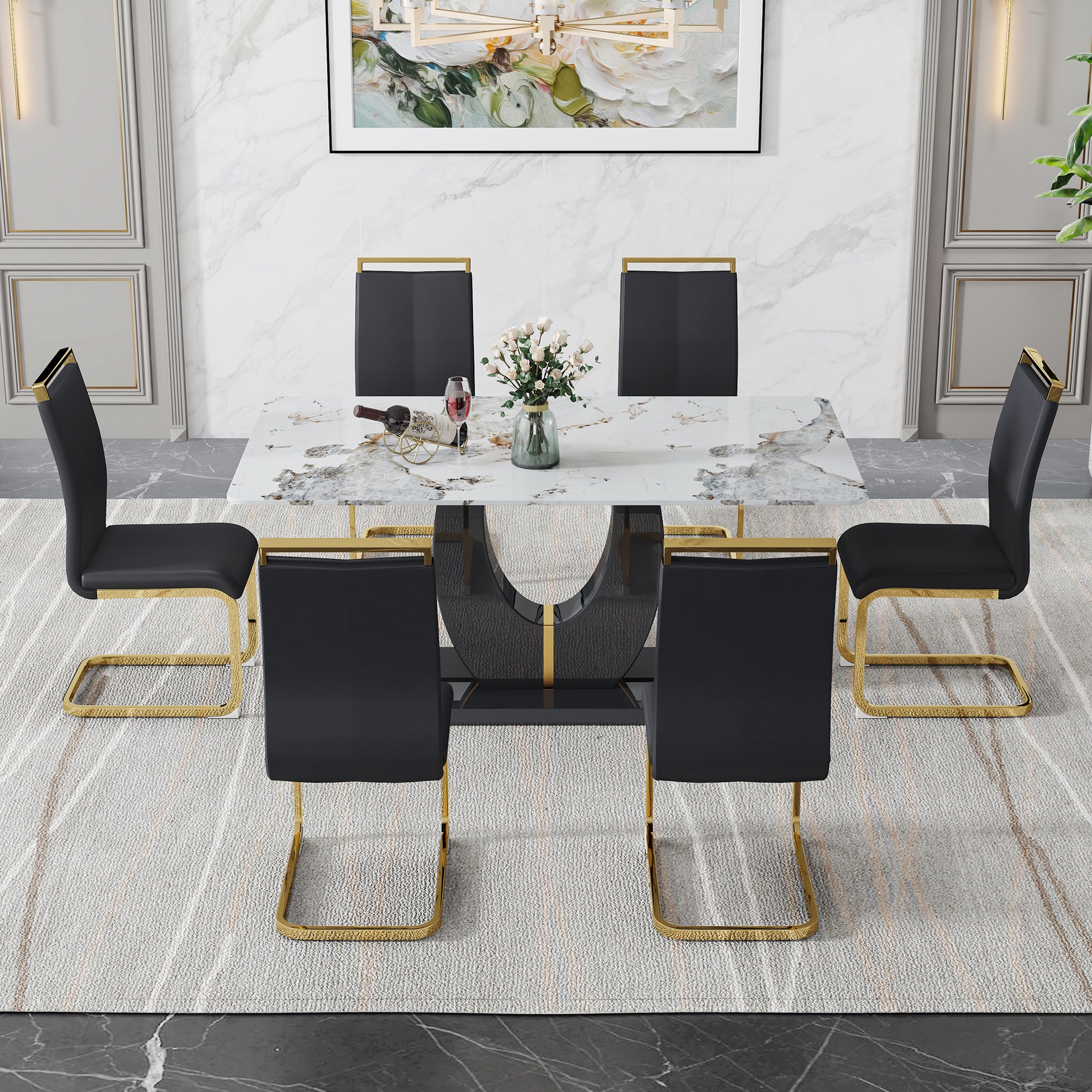 Table And Chair Set, Modern Dining Table, Patterned Table Top And Black Mdf Table Leg, Soft And Comfortable Dining Chair, Perfect For Dinner, Meetings, Home And Office Decor Black Mdf Glass