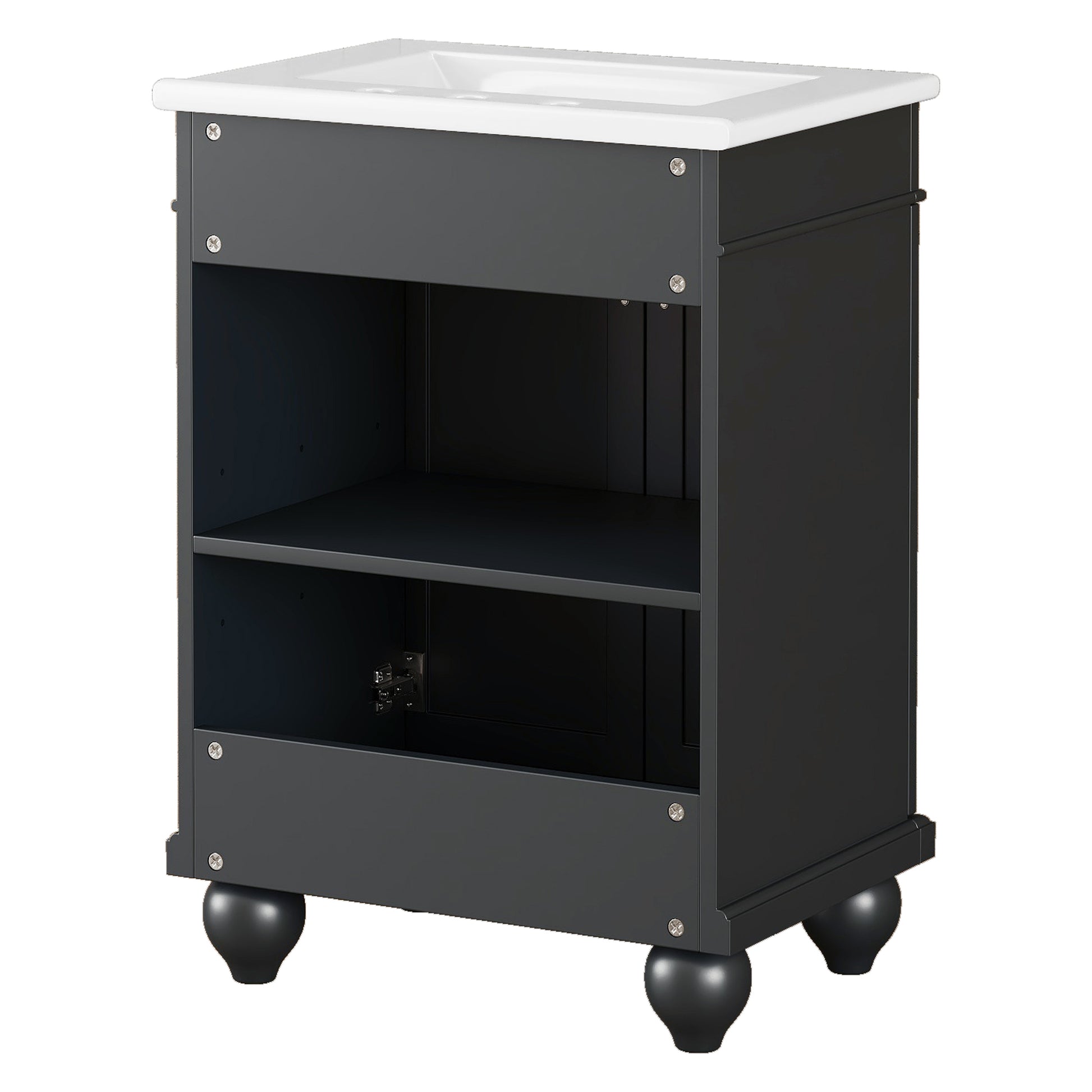 24" Black Modern Sleek Bathroom Vanity Elegant Ceramic Sink With Solid Wood Frame, Adjustable Shelf Black Solid Wood Mdf