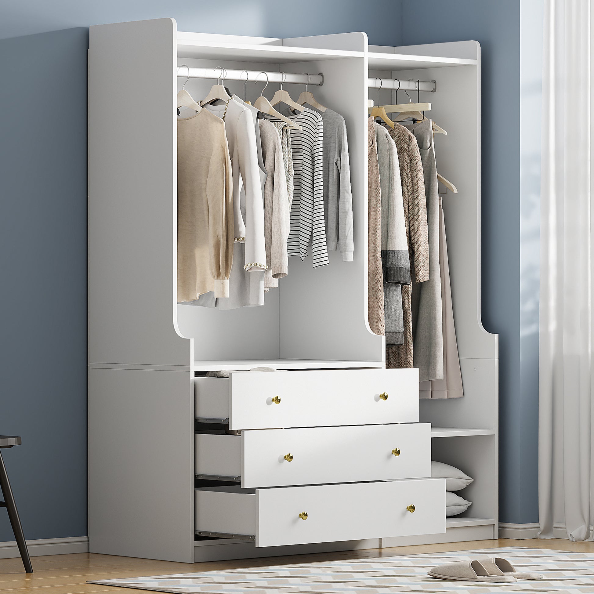 Open Wooden Wardrobe Storage For Bedroom, White White Particle Board