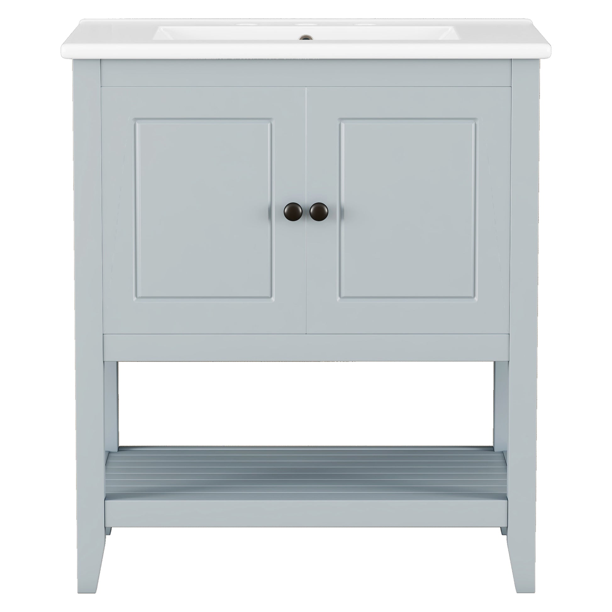 30" Gray Modern Sleek Bathroom Vanity Elegant Ceramic Sink With Solid Wood Frame Open Style Shelf & Door Shelf Design Gray Solid Wood