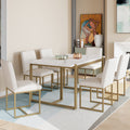 Modern Dining Table Set For 6 Faux Marble Kitchen Table Set With 6 Upholstered Dining Chairs, 7 Piece, White Golden Metal Dining Room Fixed Table Rectangular Dining Table With Chair And Bench Metal