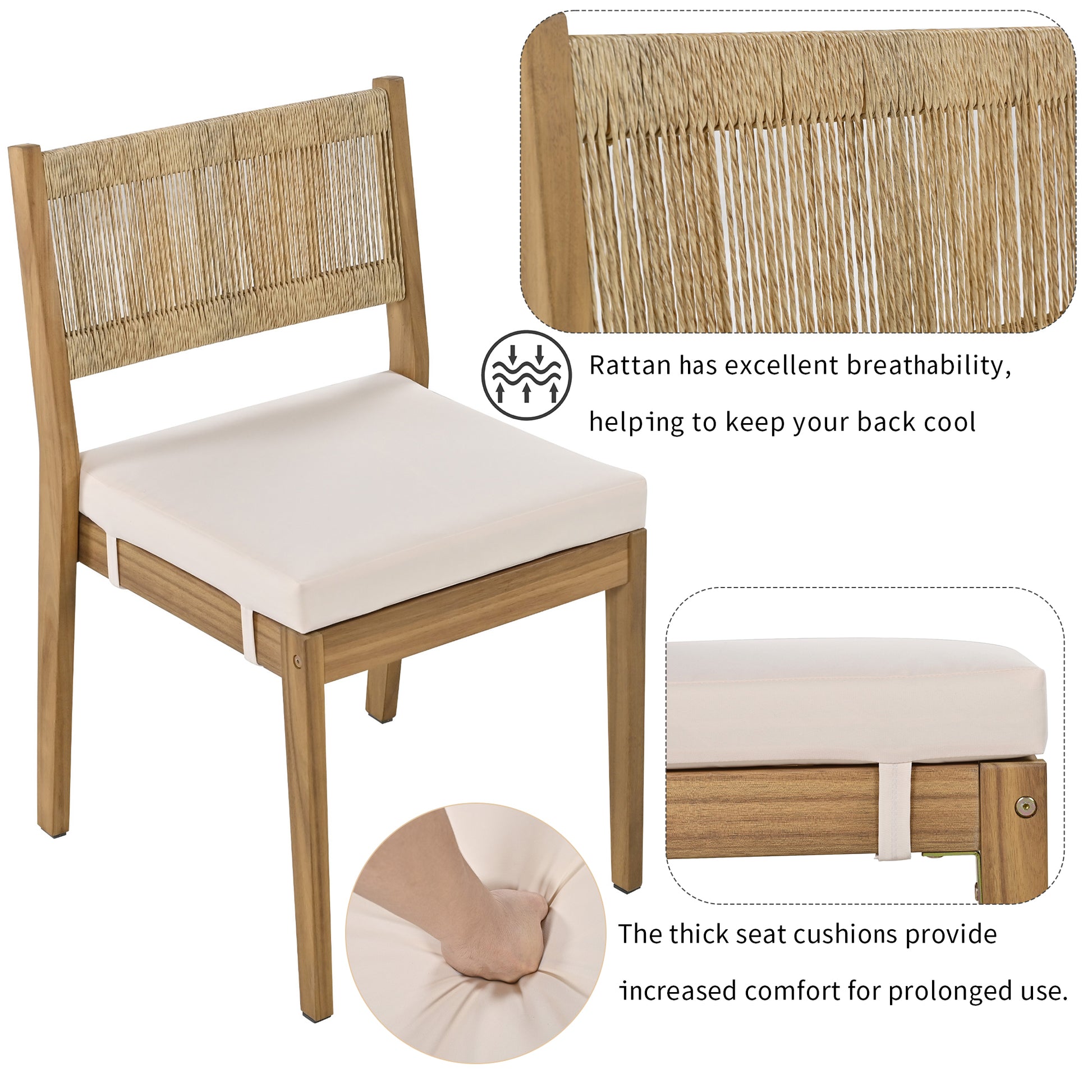 Multi Person Outdoor Acacia Wood Dining Table And Chair Set, Thick Cushions, Suitable For Balcony, Vourtyard, And Garden. Beige Acacia Wood