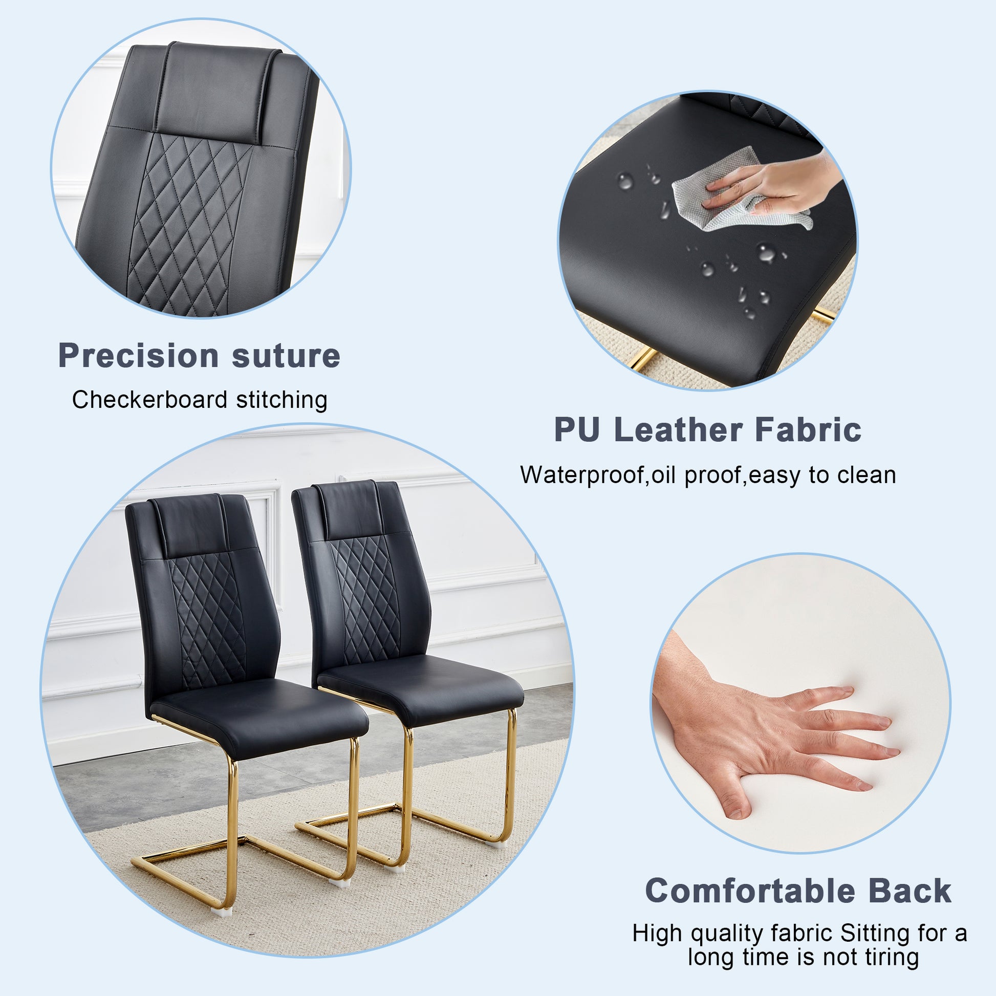 A Modern Minimalist Style Round Transparent Tempered Glass Table With Gold Metal Legs, Paired With 6 Modern Pu Leather High Back Dining Chairs ,Bring A Luxurious Experience. Black Seats 6 Glass Metal