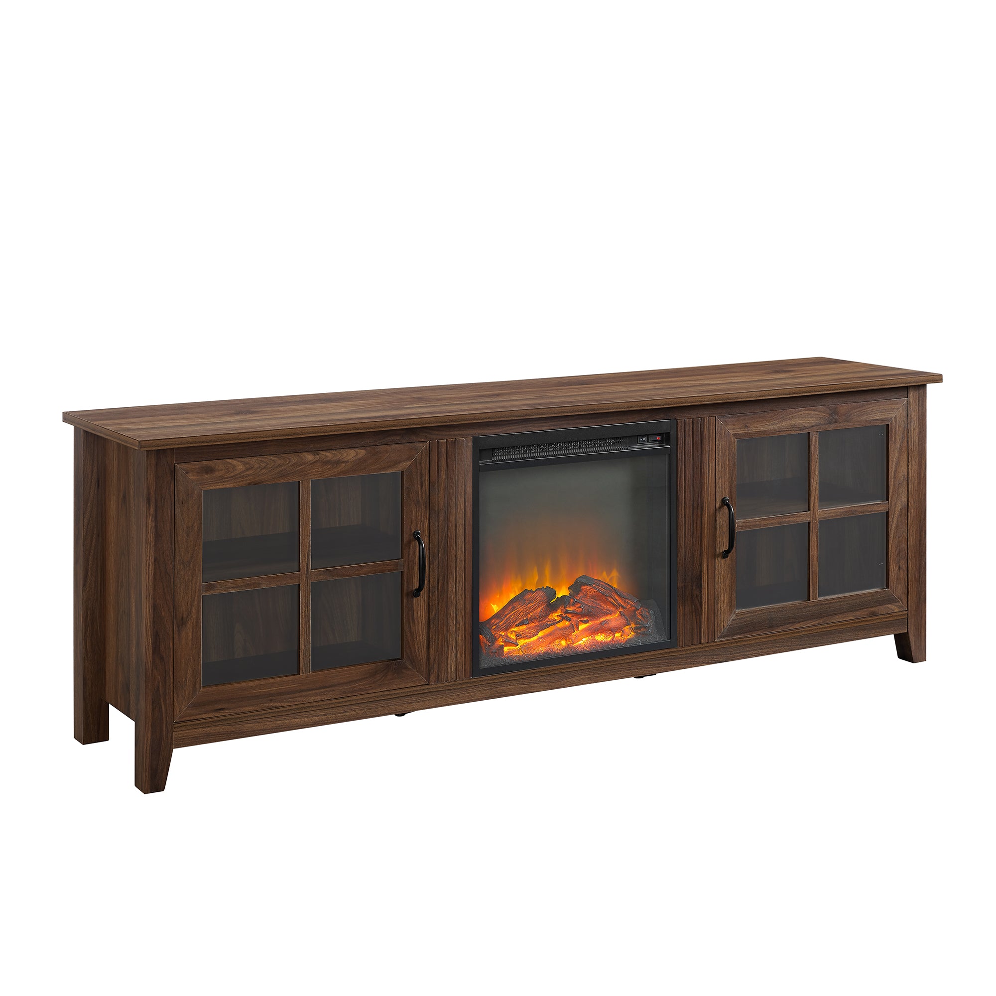 Modern Farmhouse 2 Door Glass Windowpane 70" Fireplace Tv Stand For 80" Tvs Dark Walnut Dark Brown Mdf