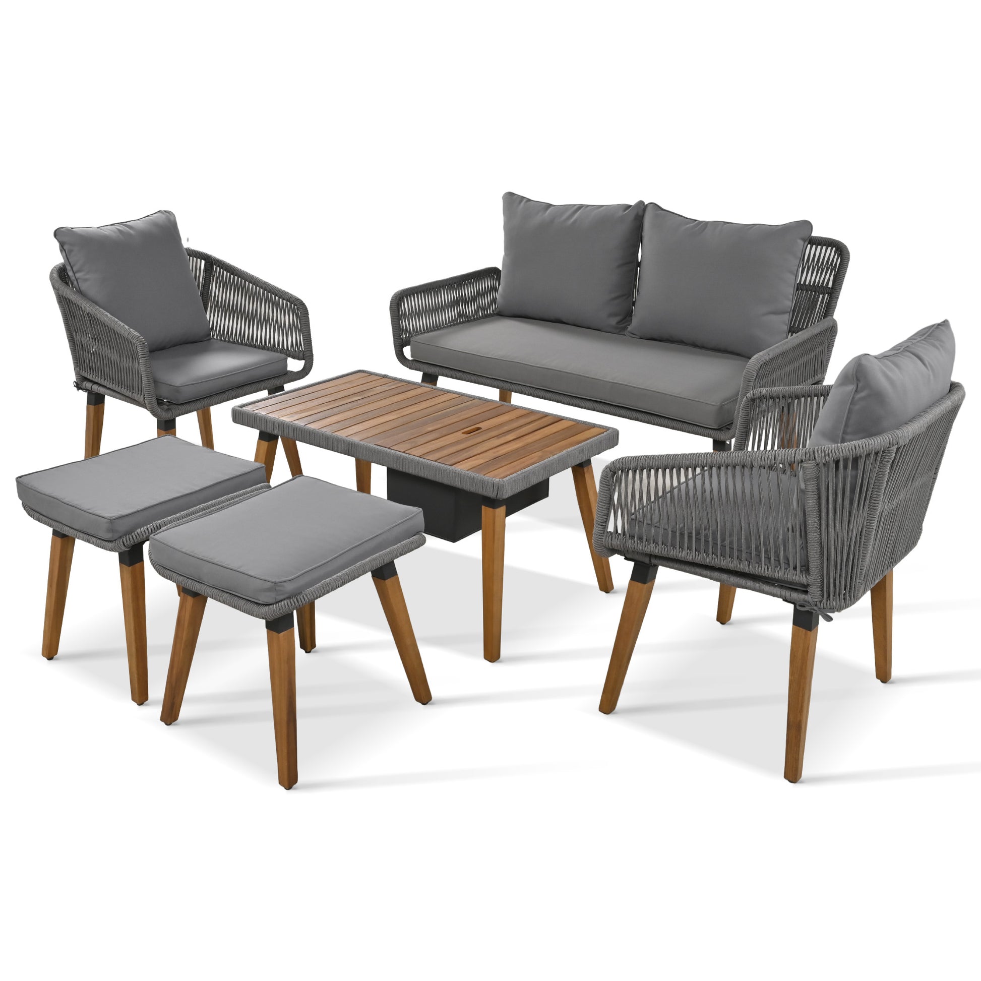 K&K 6 Piece Rope Patio Furniture Set, Outdoor Furniture With Acacia Wood Cool Bar Table With Ice Bucketdeep Seat Patio Conversation Set With Two Stools For Backyard Porch Balcony Grey Yes Complete Patio Set Grey Weather Resistant Frame Fade Resistant