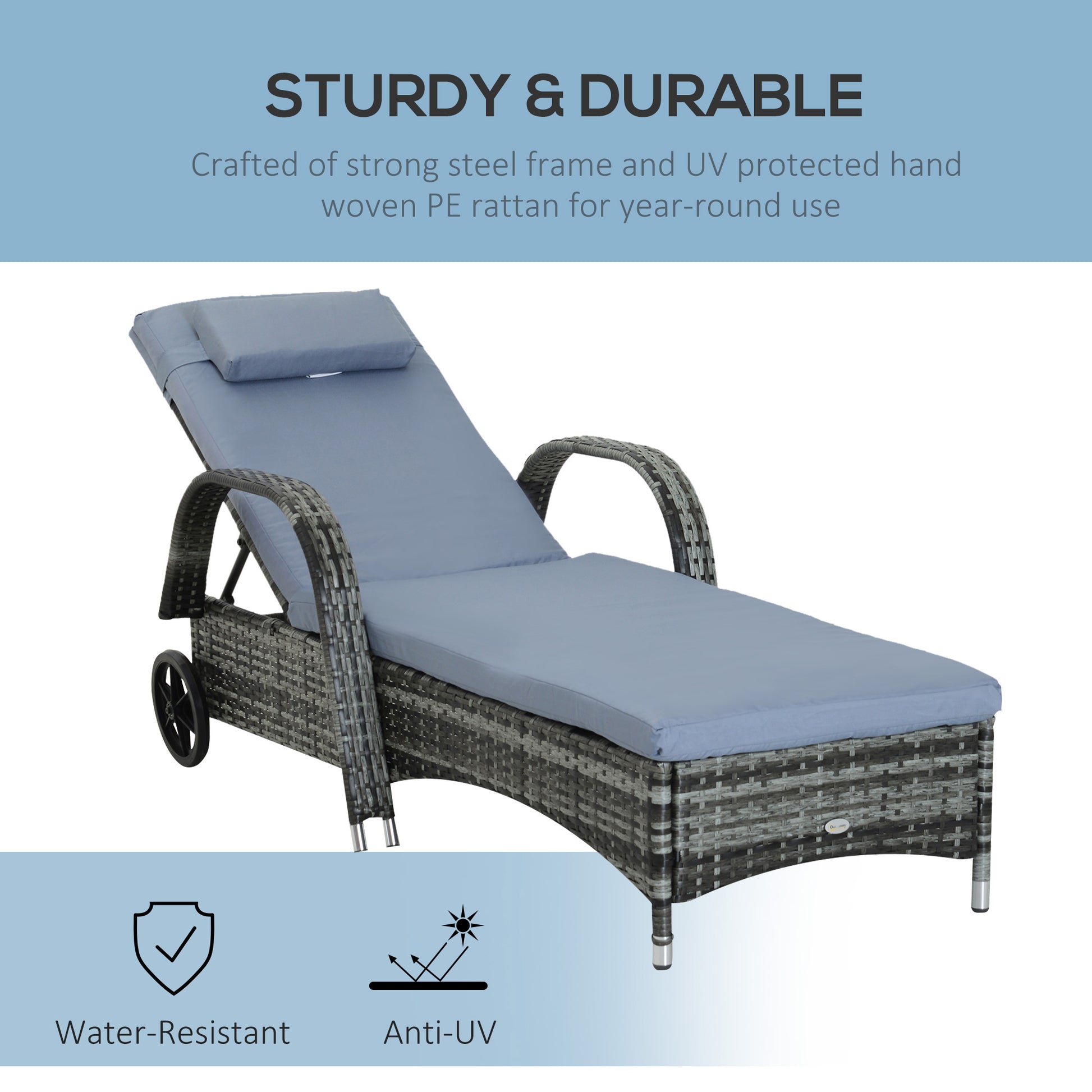Outsunny Wicker Outdoor Chaise Lounge, 5 Level Adjustable Backrest Pe Rattan Pool Lounge Chair With Wheels, Cushion & Headrest, Mixed Gray And Gray Multicolor Rattan