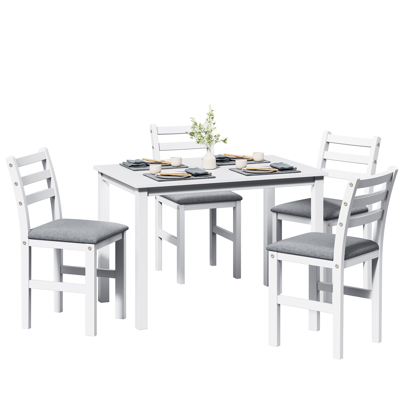 5Pcs Stylish Dining Table Set 4 Upholstered Chairs With Ladder Back Design For Dining Room Kitchen Gray Cushion White Antique White Rubber Wood