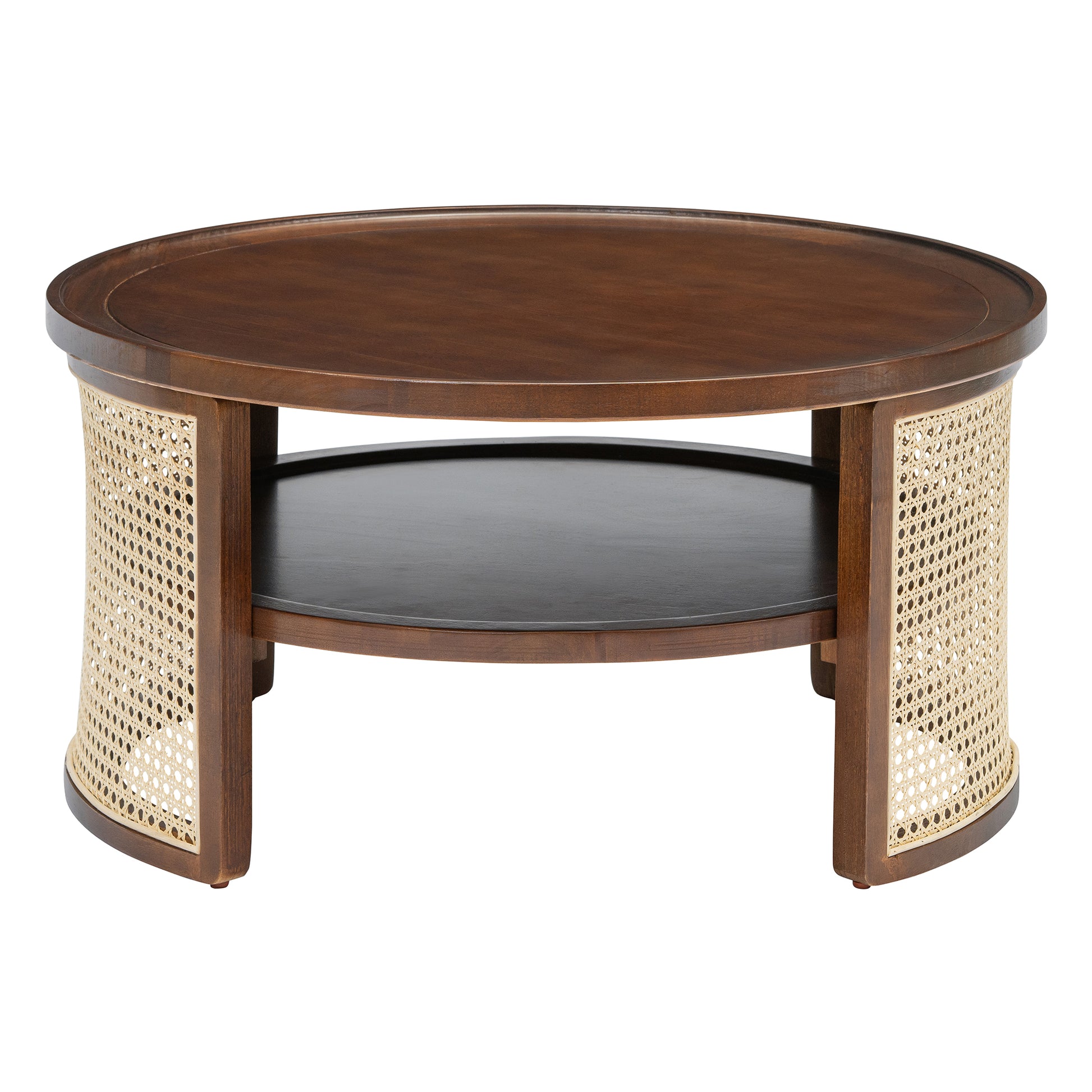 2 Tiered Round Walnut Wood Coffee Table With Storage Rattan Base In 31.3'' Walnut Rubber Wood