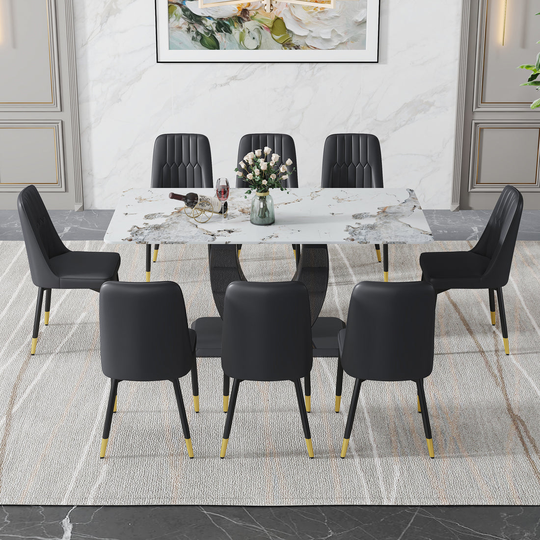 Table And Chair Set, Modern Dining Table, Patterned Table Top And Black Mdf Leg Table, Soft And Comfortable Dining Chair, Perfect For Dinner, Meetings, Home And Office Decor Black Mdf Glass