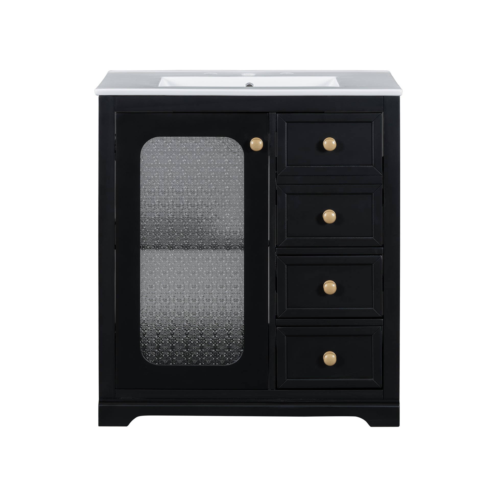 30 Inch Bathroom Vanity With A Soft Close Glass Door, Adjustable Shelves, And Three Drawers Black Bathroom Solid Wood Mdf Glass